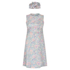 1960s Pastel Floral Lame A-Line Dress with Matching Headband
