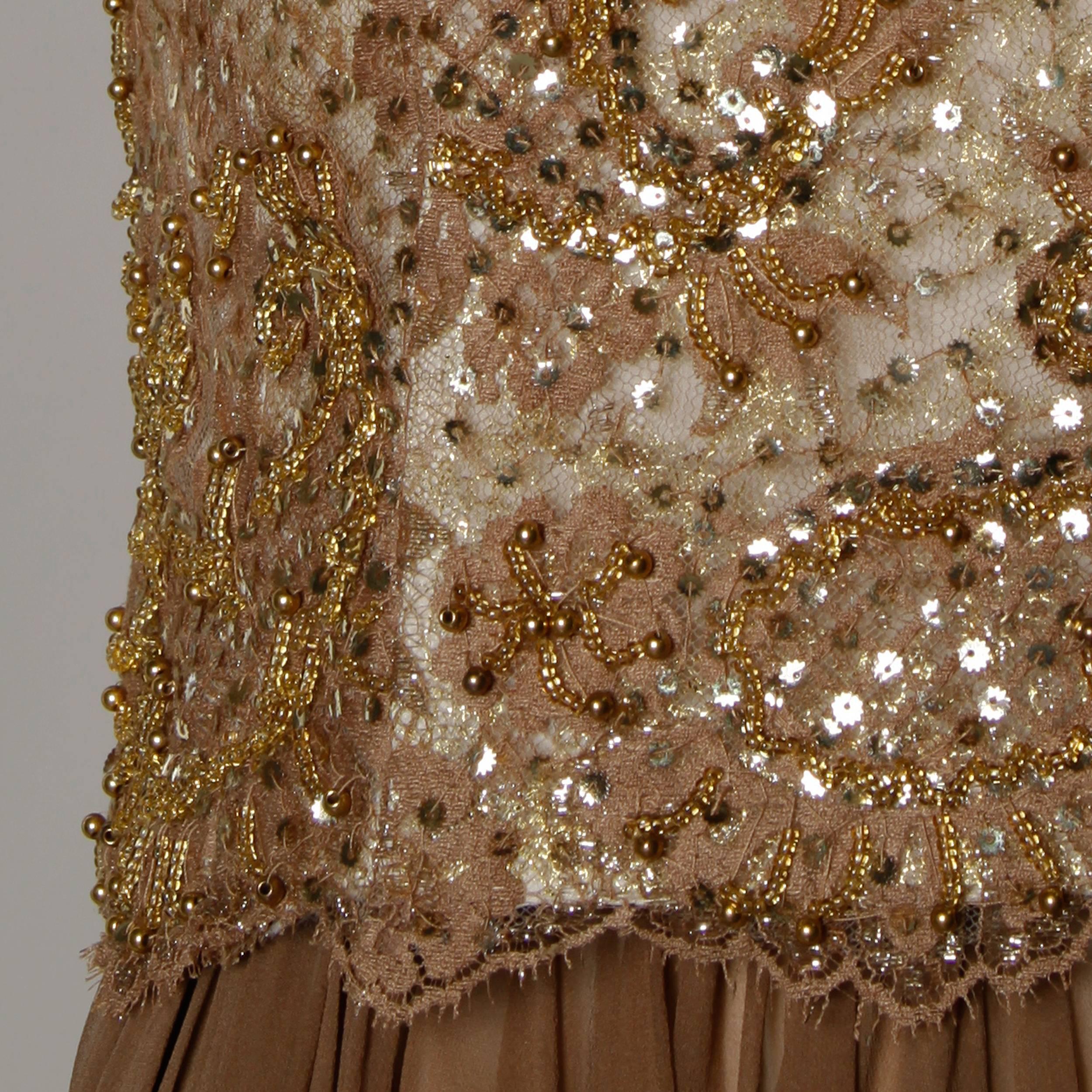 Marrone 1960 Pat Sandler Vintage 2-Piece Beaded Lace Silk Chiffon Cocktail Dress in vendita