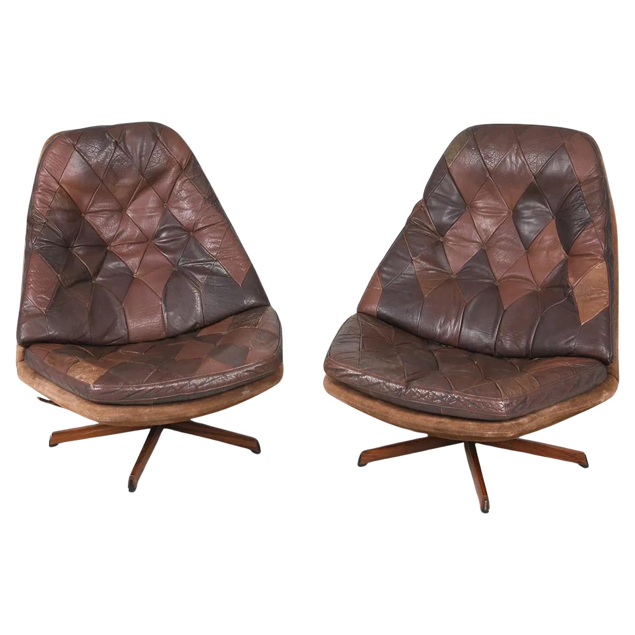1960s Patchwork Leather Swivel Lounge Chairs Attributed to Madsen and Schubell For Sale