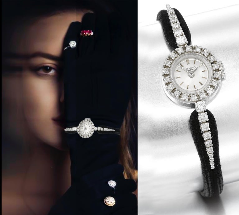 1960s Patek Philippe Platinum Floating Diamond Bar Motif Bracelet Watch For Sale 2