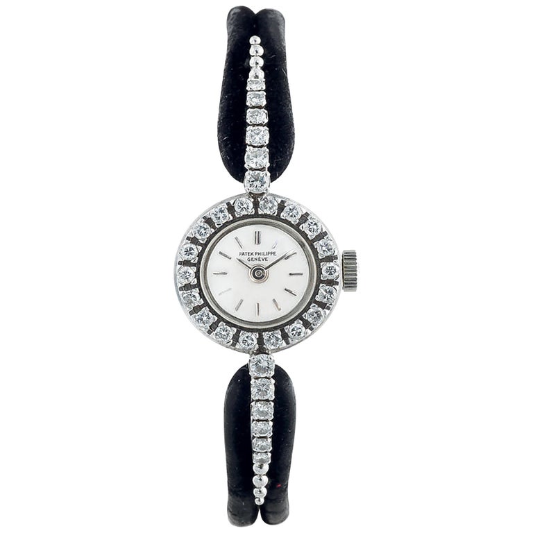 1960s Patek Philippe Platinum Floating Diamond Bar Motif Bracelet Watch For Sale