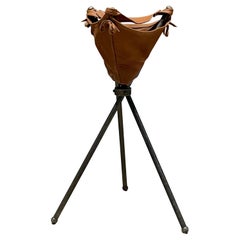 1960s Patinated Leather Silver Plate Tripod Stand