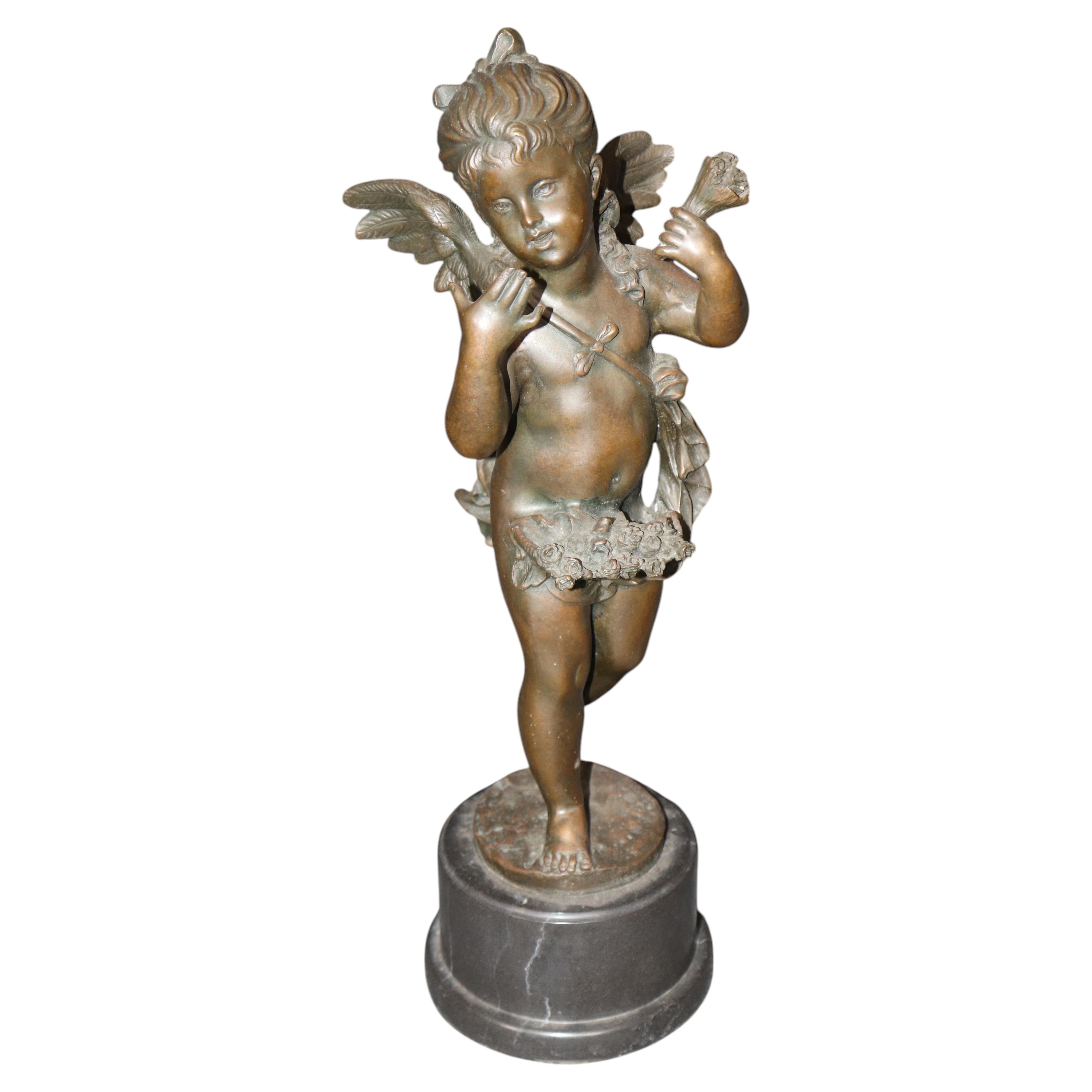 1960's Patinated Winged Putti Sculpture on Marble Base For Sale