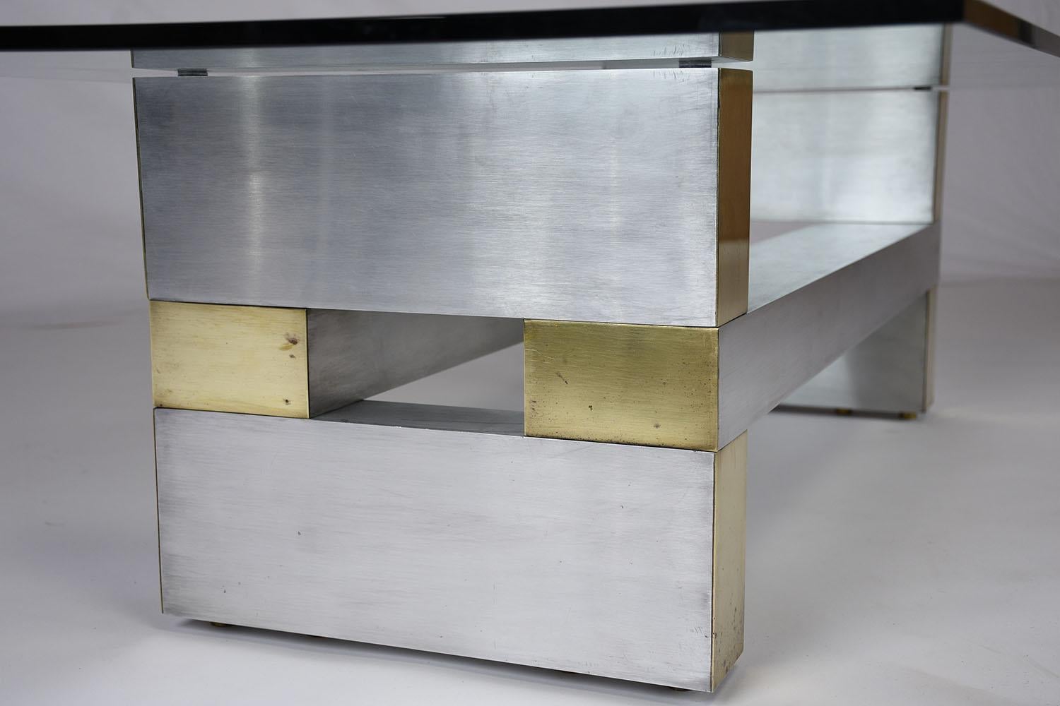 Polished 1960s Paul Evans Style Mid-Century Modern Coffee Table with Brushed Steel Base For Sale