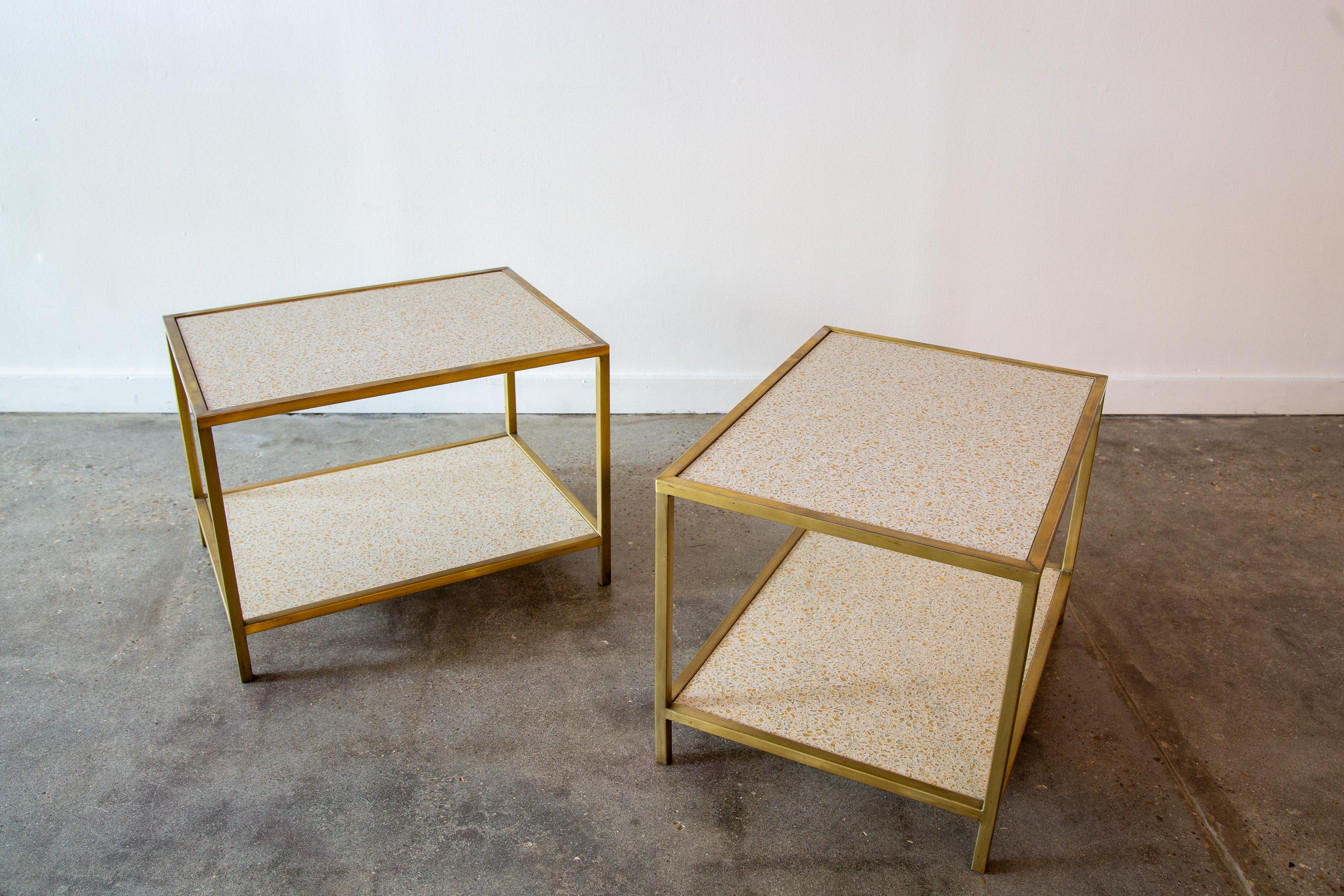 Mid-Century Modern 1960s Paul Laszlo Custom Brass and Terrazzo End Tables for Goldmans Mccobb style For Sale