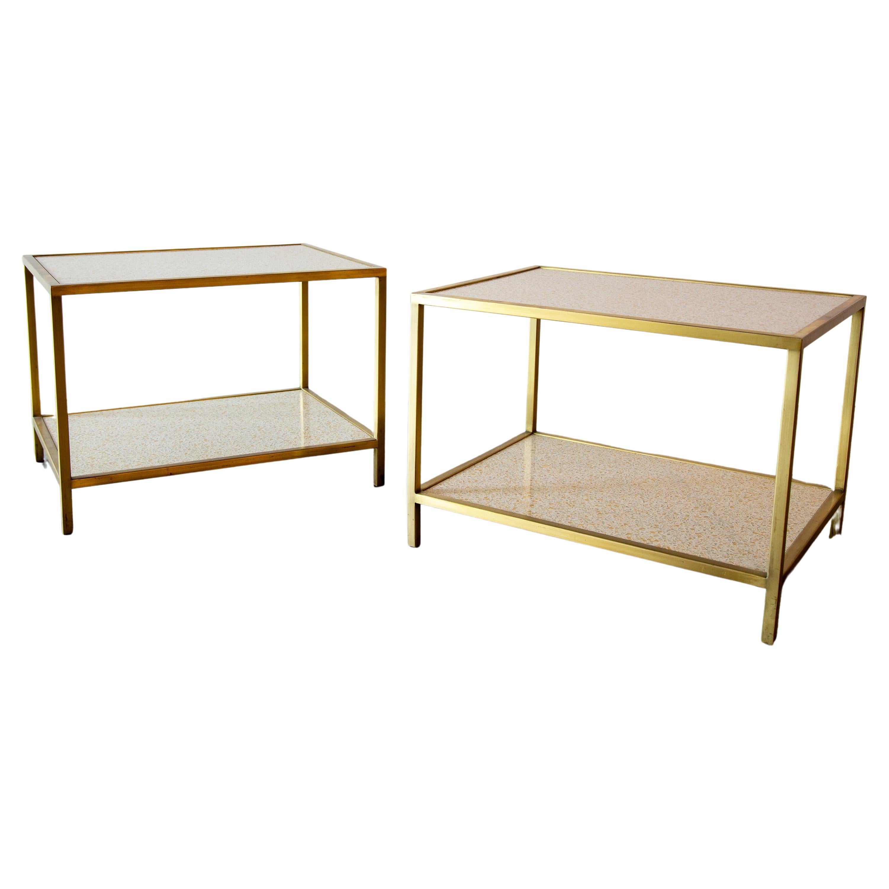 Tables d'extrémité en laiton et terrazzo personnalisées Paul Laszlo pour Goldmans style Mccobb des années 1960