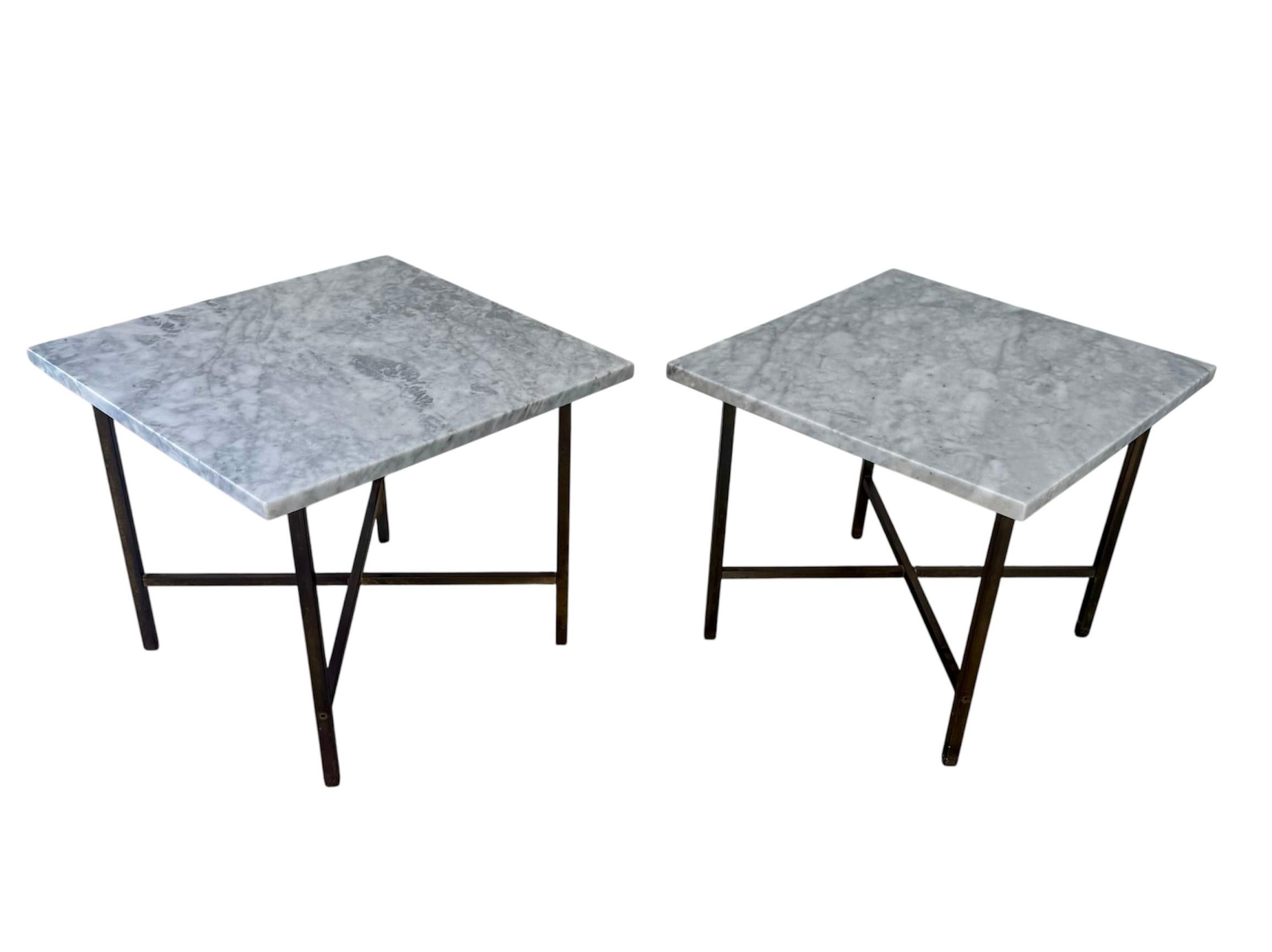 Mid-Century Modern 1960s Paul Mccobb Style Brass X Bass Italian Marble Side Tables For Sale