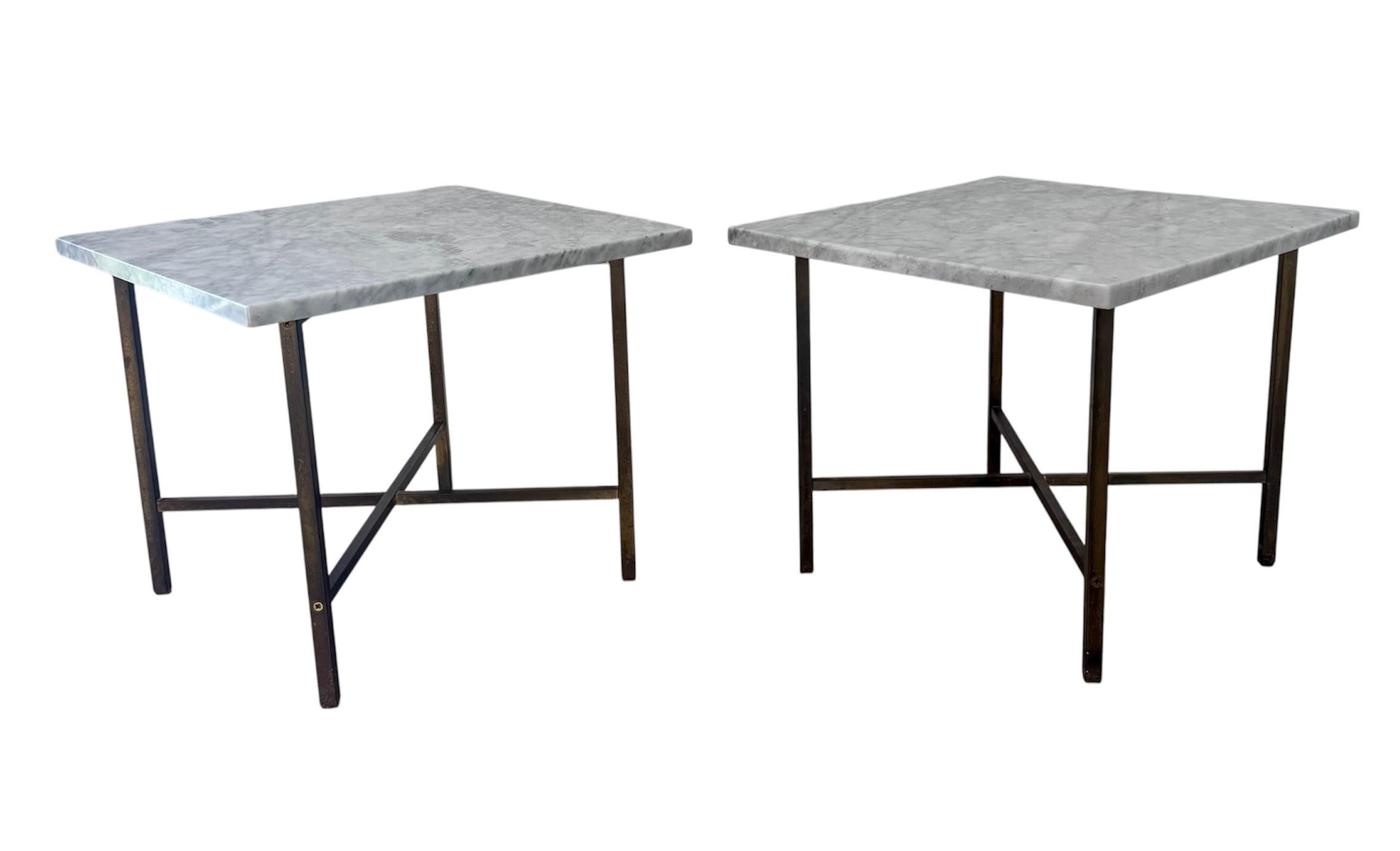 American 1960s Paul Mccobb Style Brass X Bass Italian Marble Side Tables For Sale