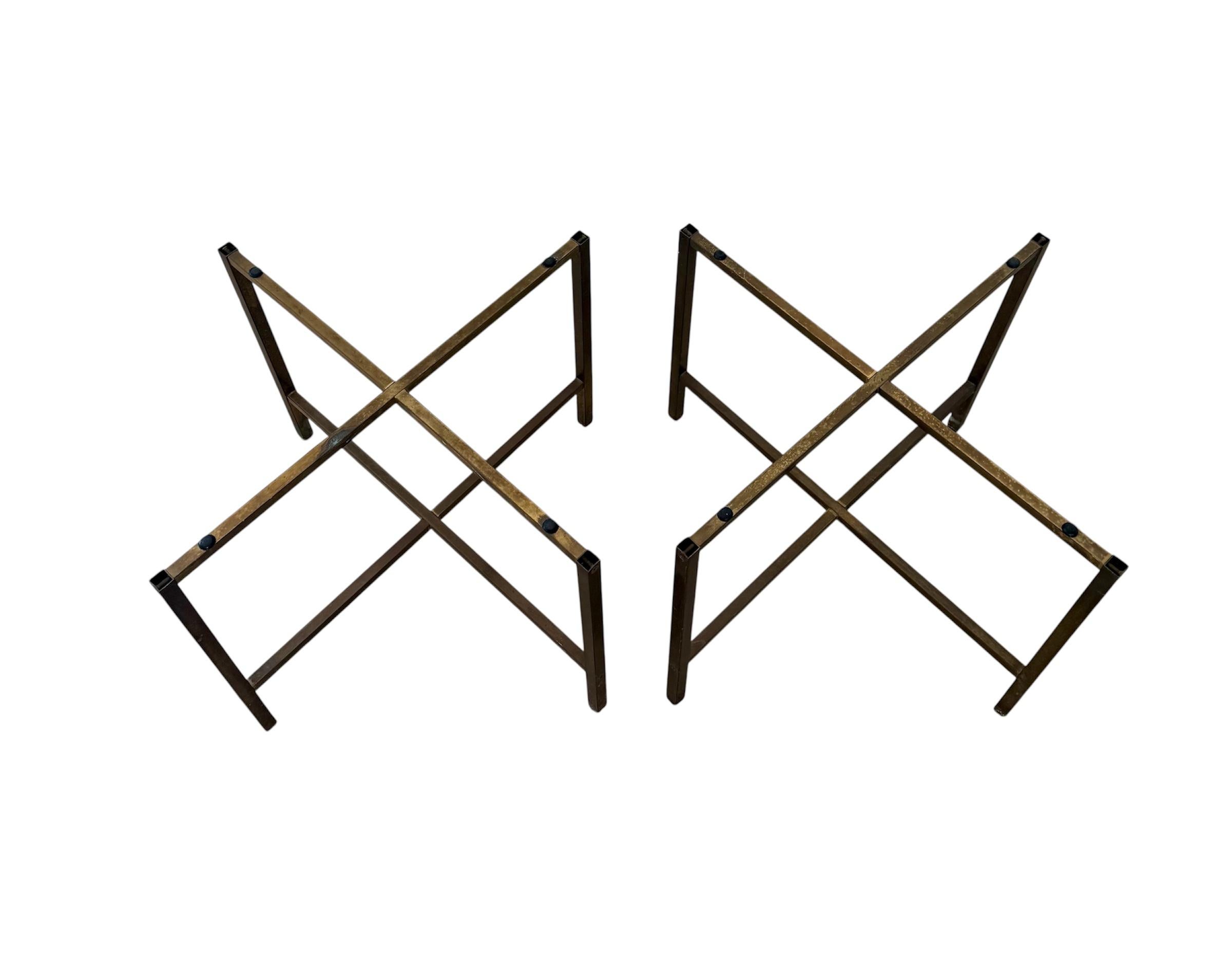 Lacquered 1960s Paul Mccobb Style Brass X Bass Italian Marble Side Tables For Sale