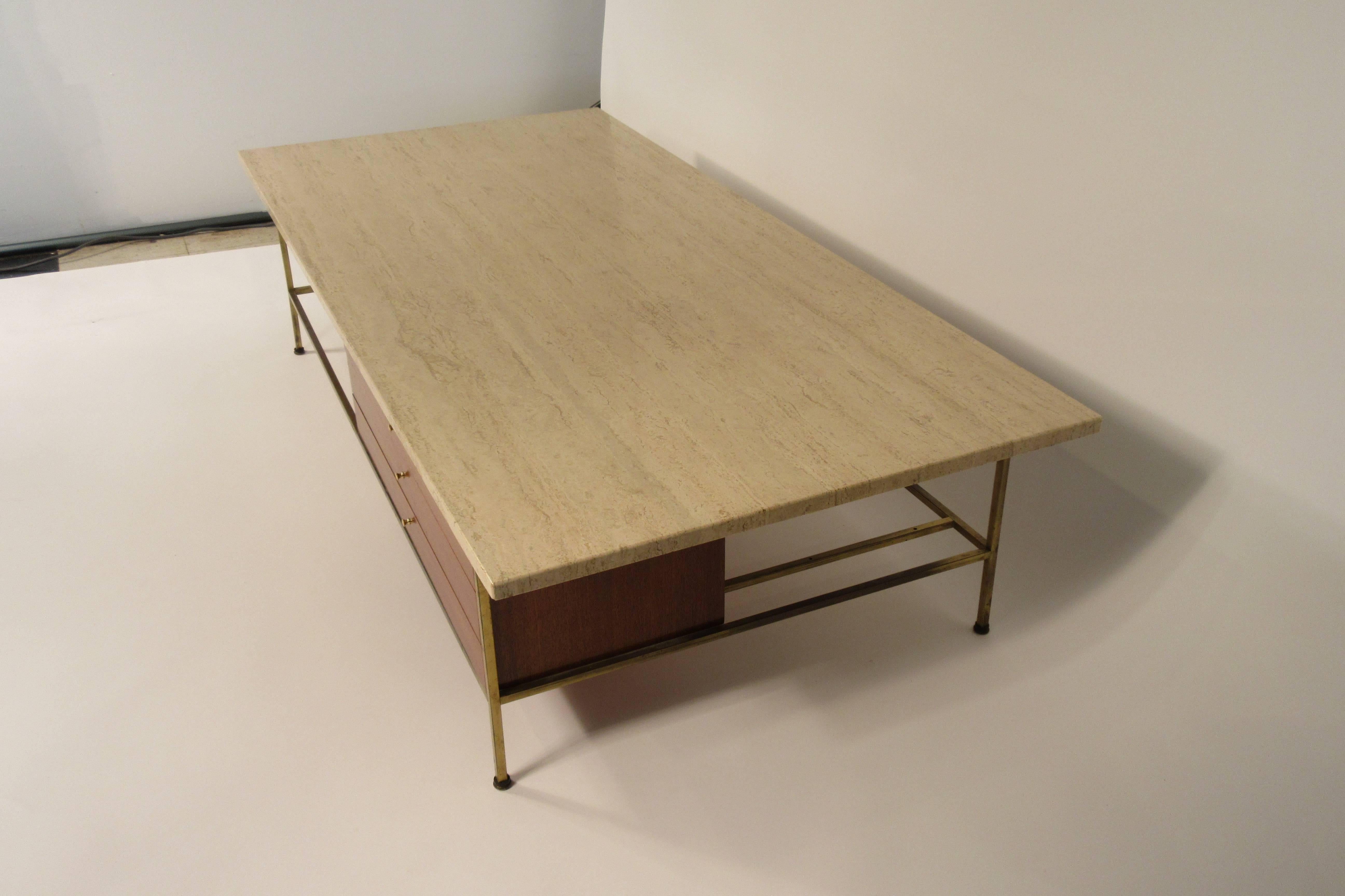 1960s Paul McCobb Travertine/ Brass Coffee Table for Calvin In Good Condition In Tarrytown, NY