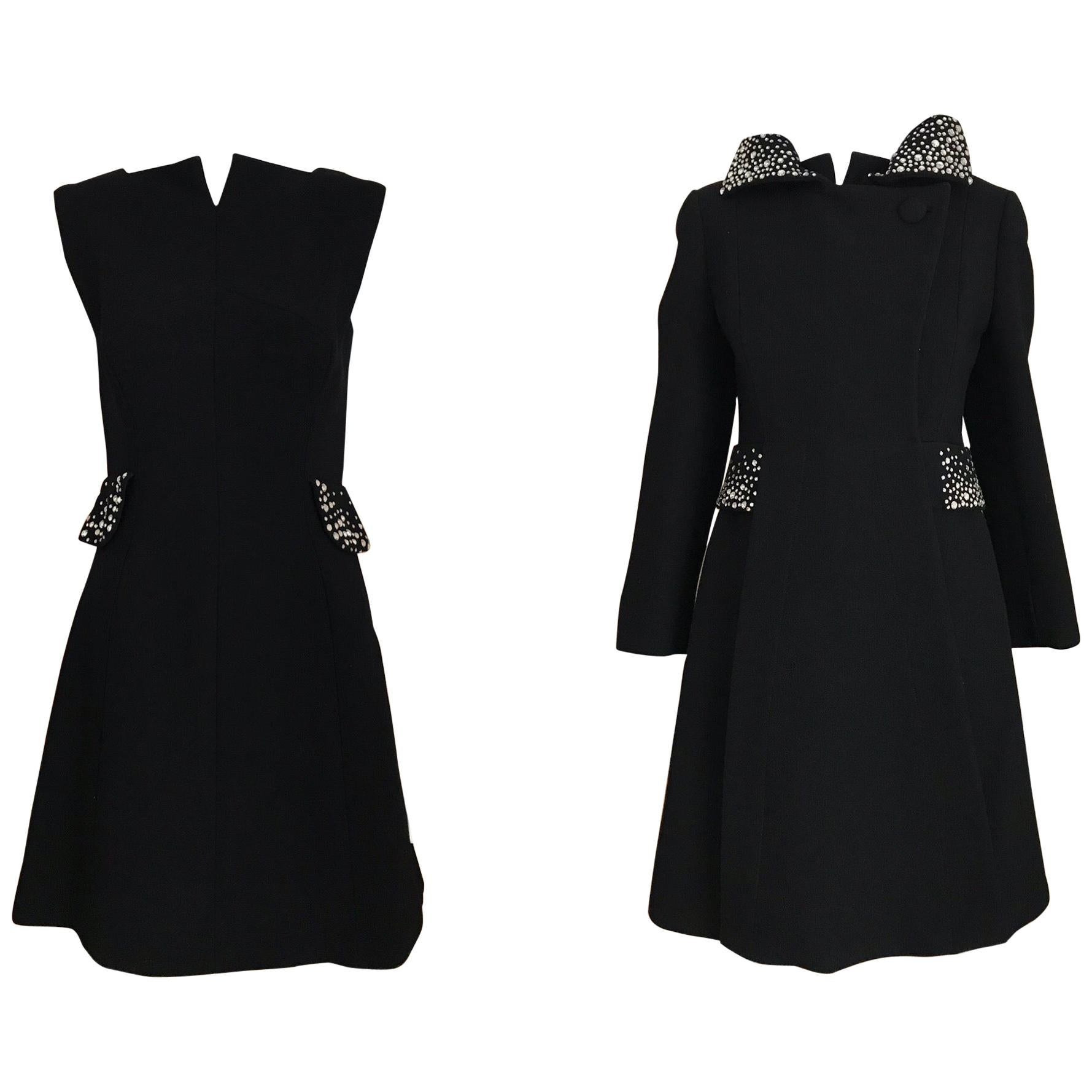 1960s Pauline Trigere Black Crepe Sleeveless Dress and Coat 