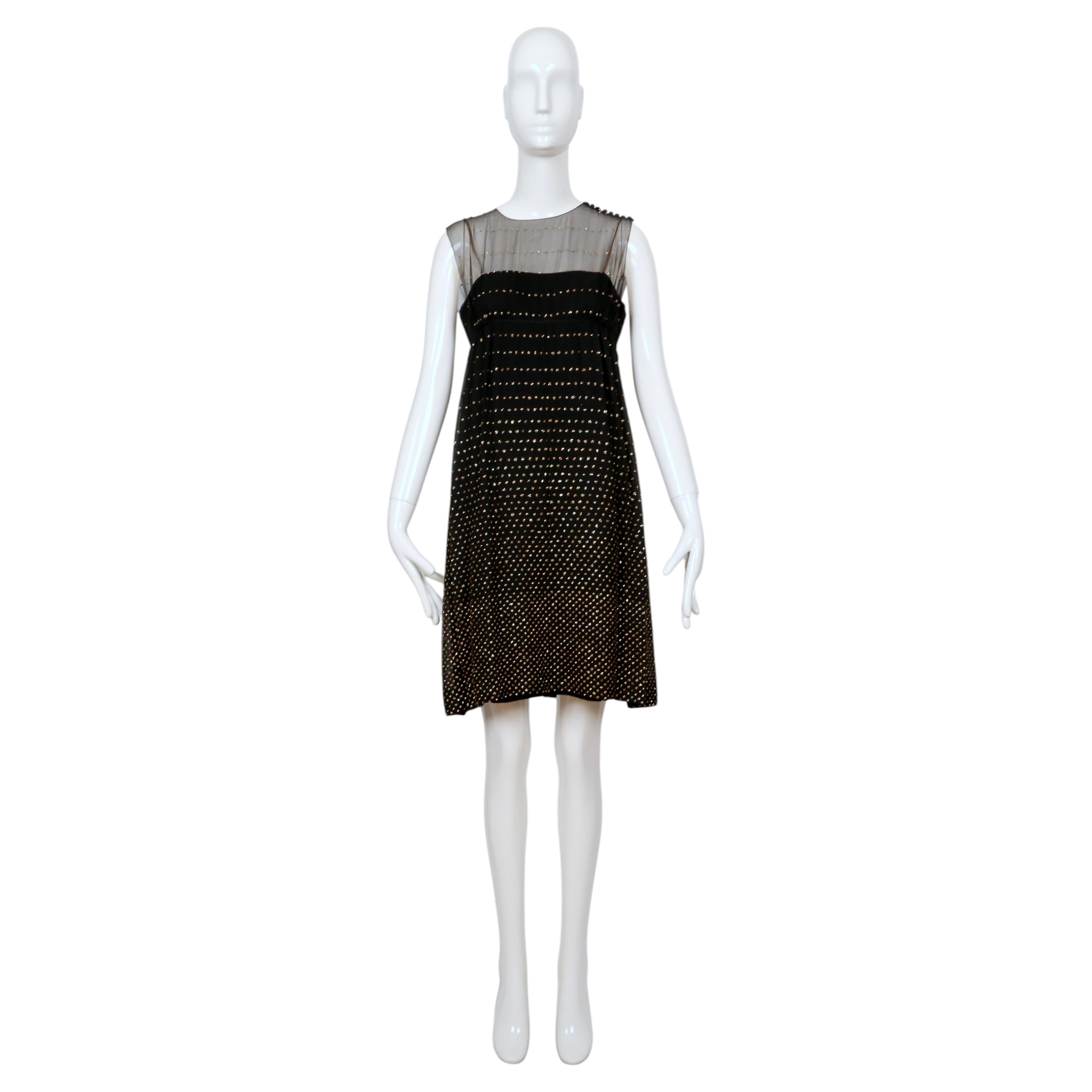1960's Pauline Trigère Black Empire Waist Dress with Sheer Bodice and Sparkles