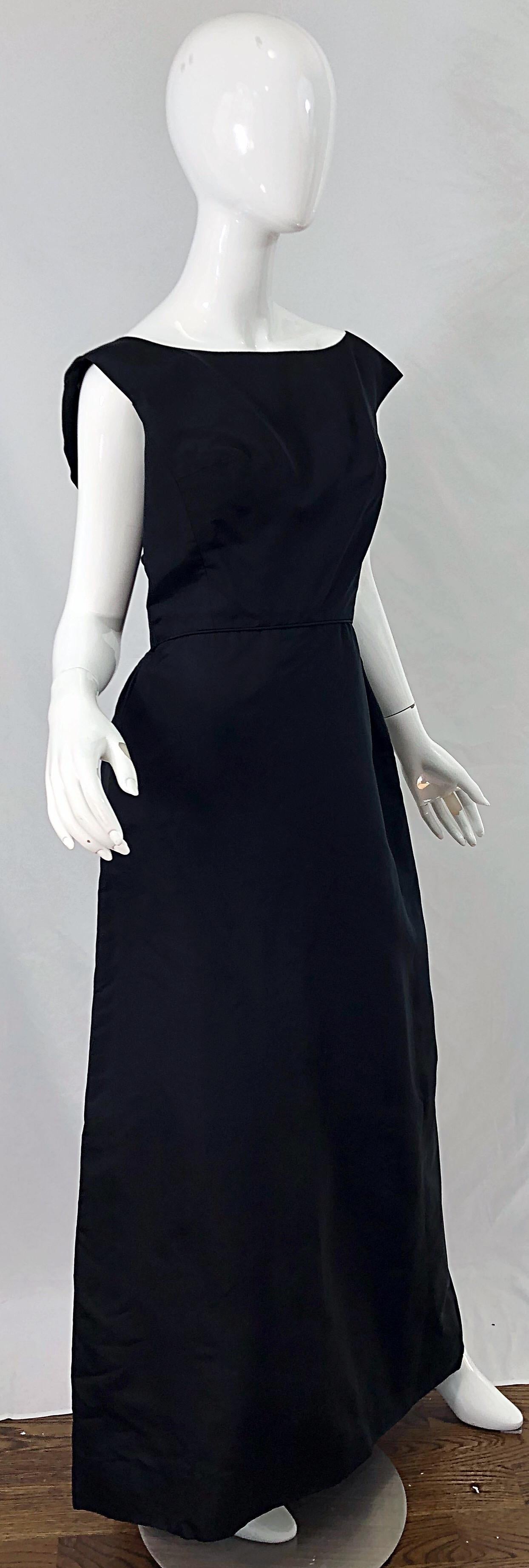 1960s Pauline Trigere Black Silk Taffeta Sleeveless Open Back Vintage 60s Gown 4