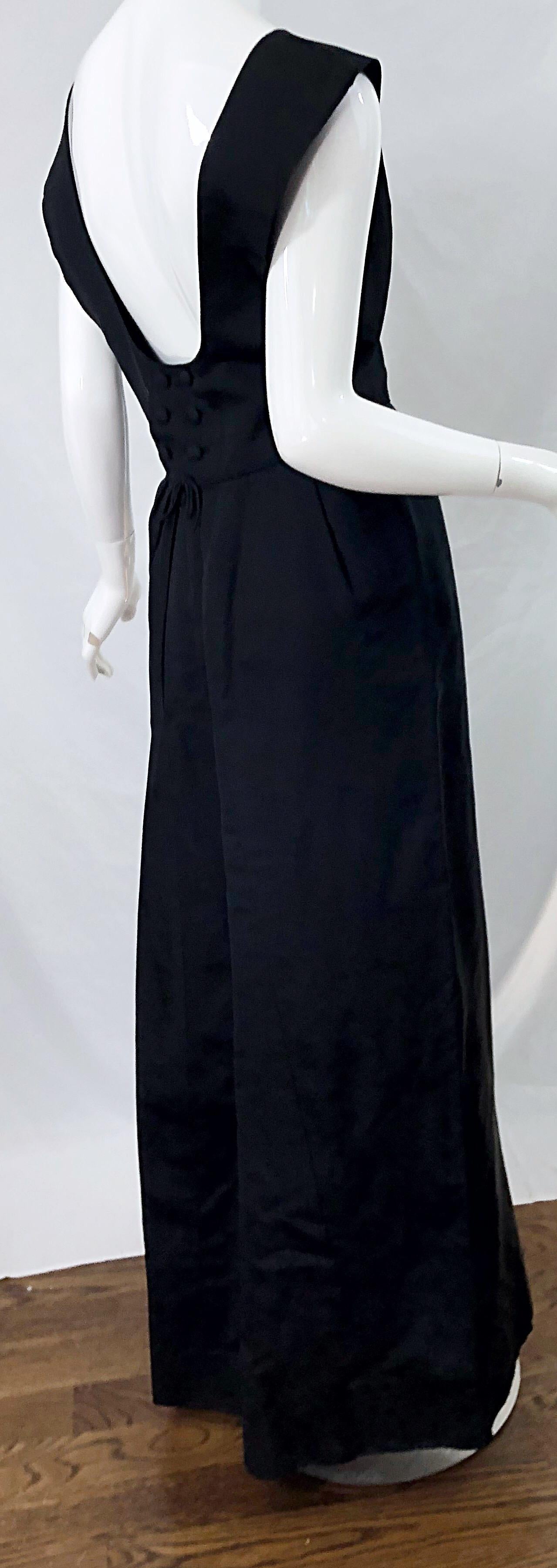 1960s Pauline Trigere Black Silk Taffeta Sleeveless Open Back Vintage 60s Gown 5