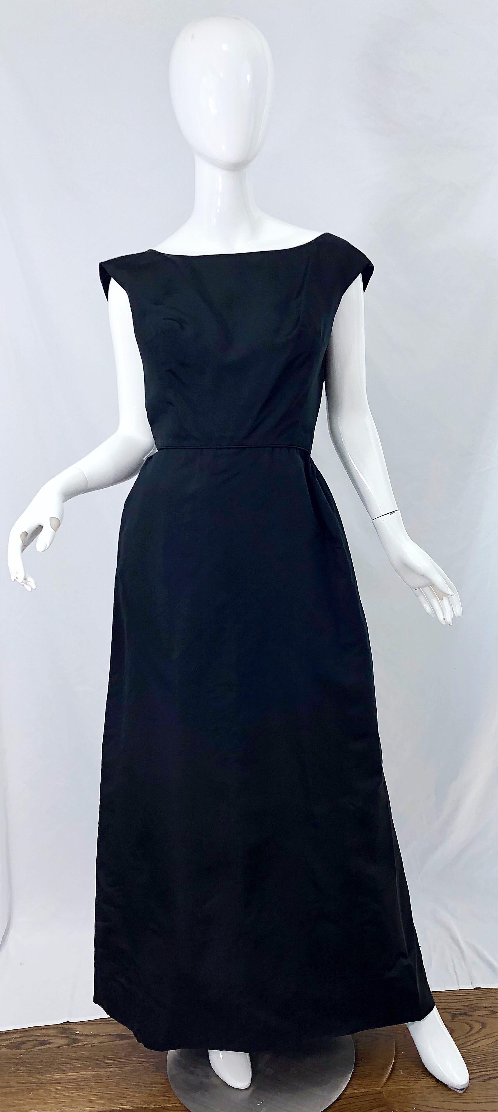 1960s Pauline Trigere Black Silk Taffeta Sleeveless Open Back Vintage 60s Gown 6