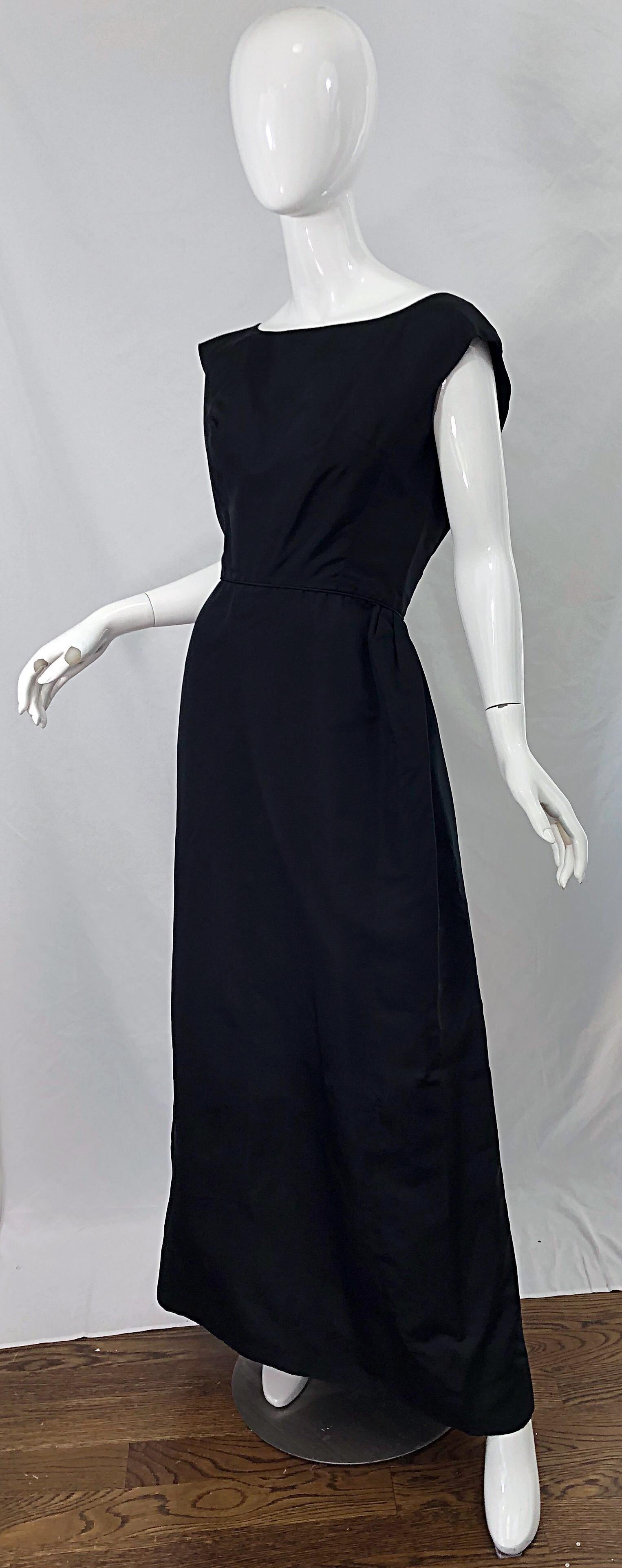 Women's 1960s Pauline Trigere Black Silk Taffeta Sleeveless Open Back Vintage 60s Gown