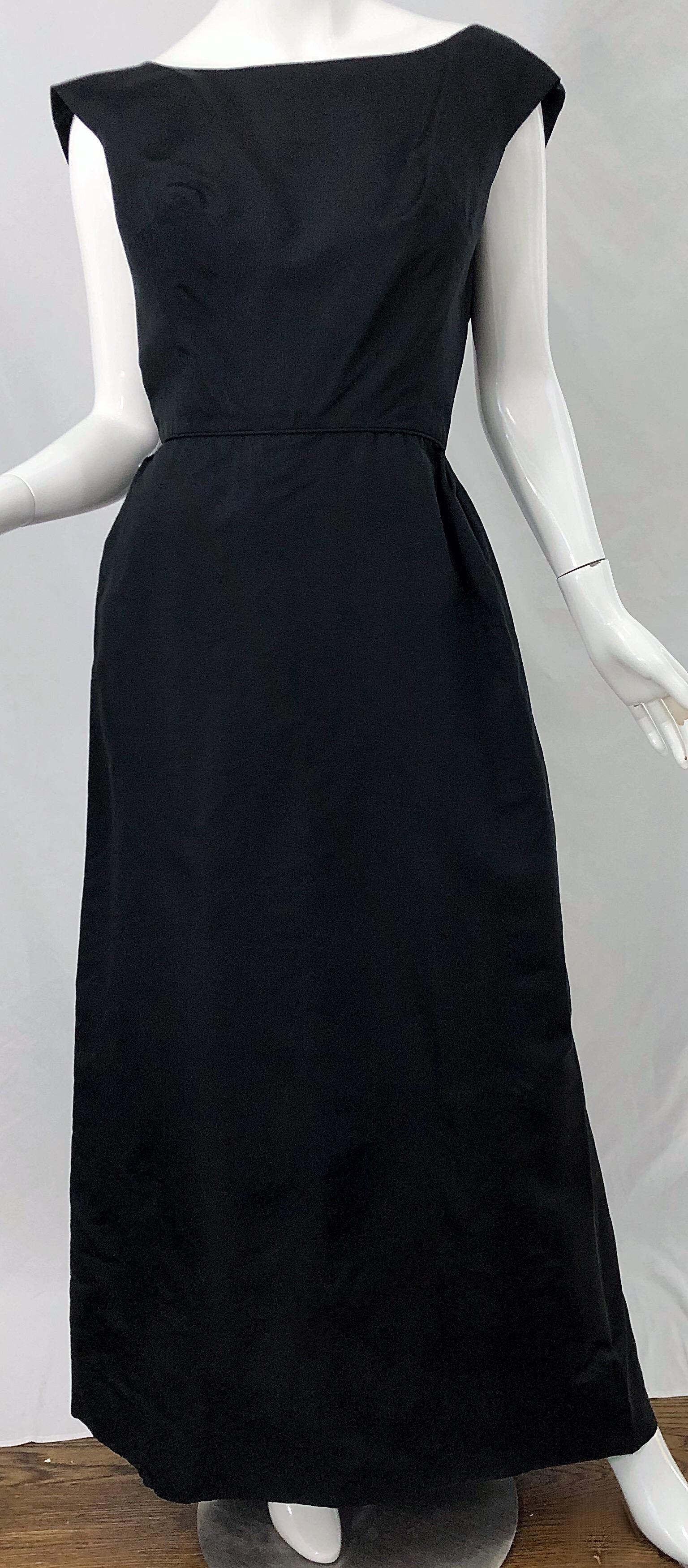 1960s Pauline Trigere Black Silk Taffeta Sleeveless Open Back Vintage 60s Gown 1