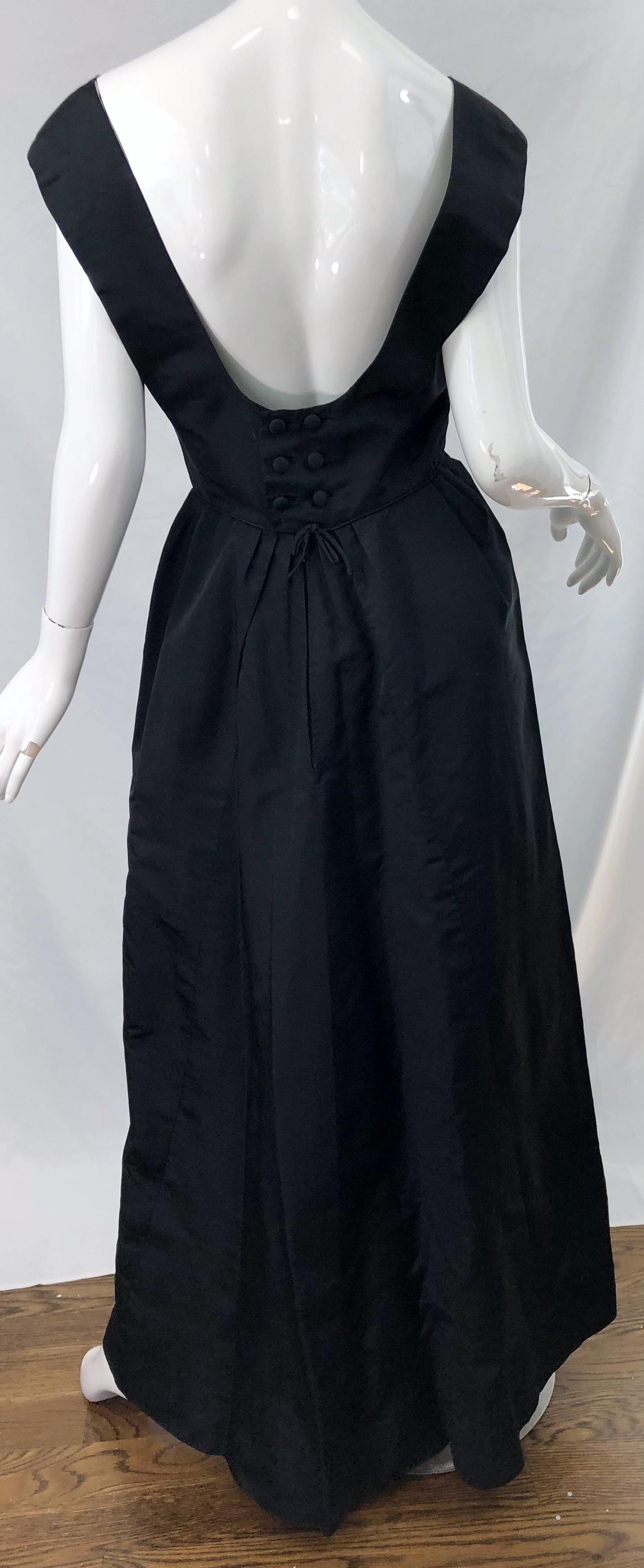 1960s Pauline Trigere Black Silk Taffeta Sleeveless Open Back Vintage 60s Gown 2