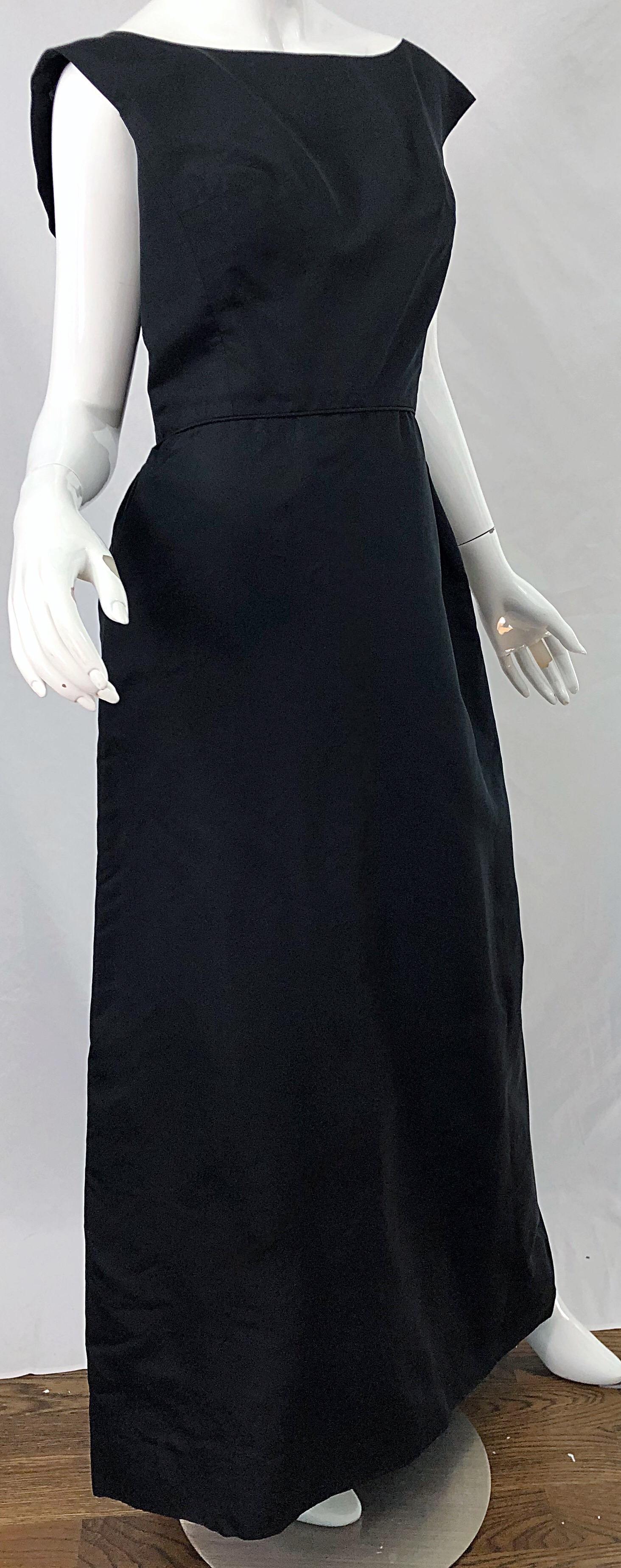 1960s Pauline Trigere Black Silk Taffeta Sleeveless Open Back Vintage 60s Gown 3