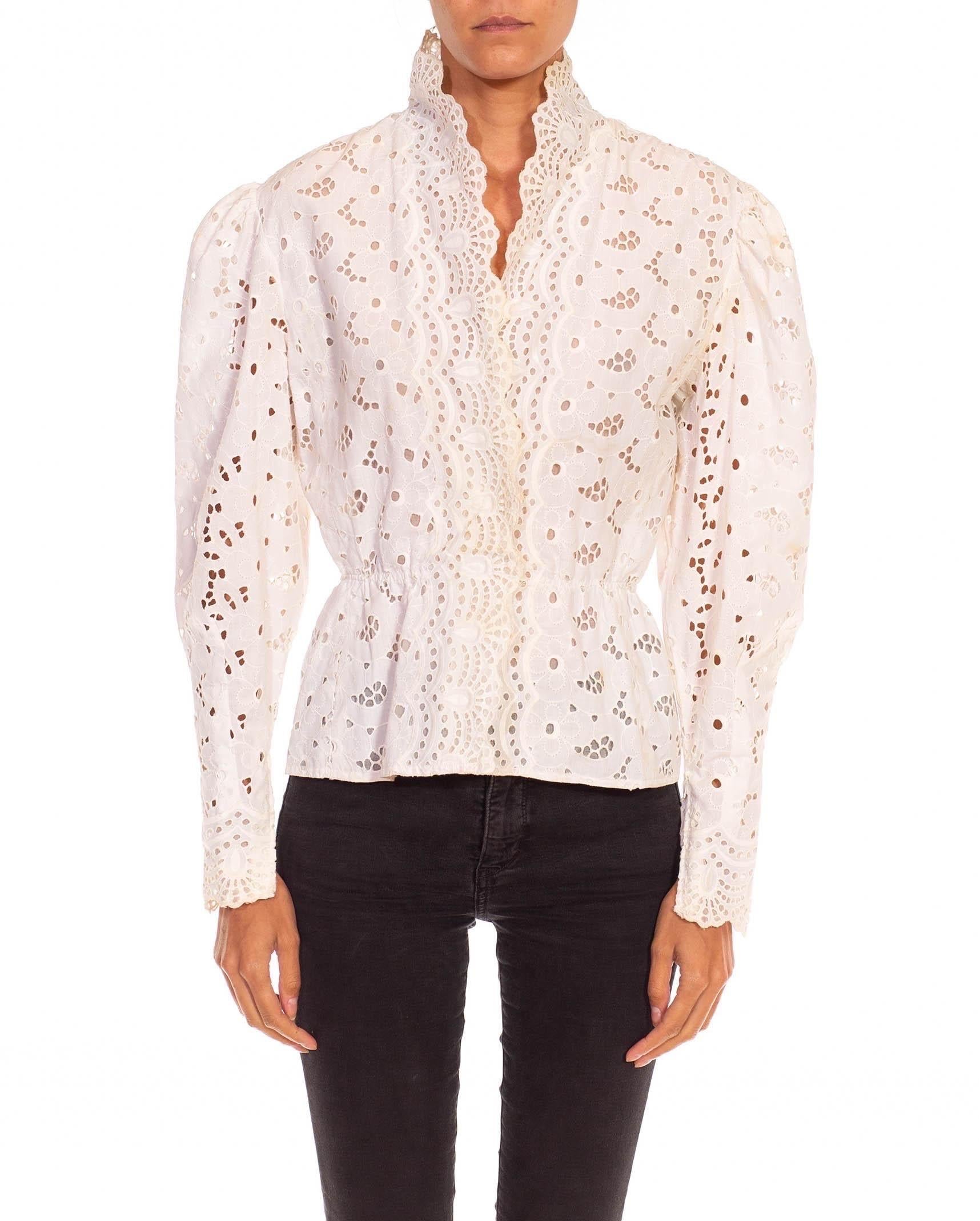 1960S Pauline Trigere Cream Cotton Eyelet Lace Top In Excellent Condition For Sale In New York, NY