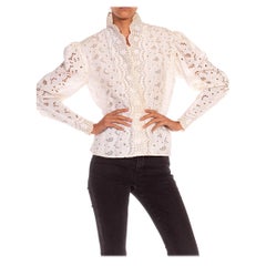 1960S Pauline Trigere Cream Cotton Eyelet Lace Top