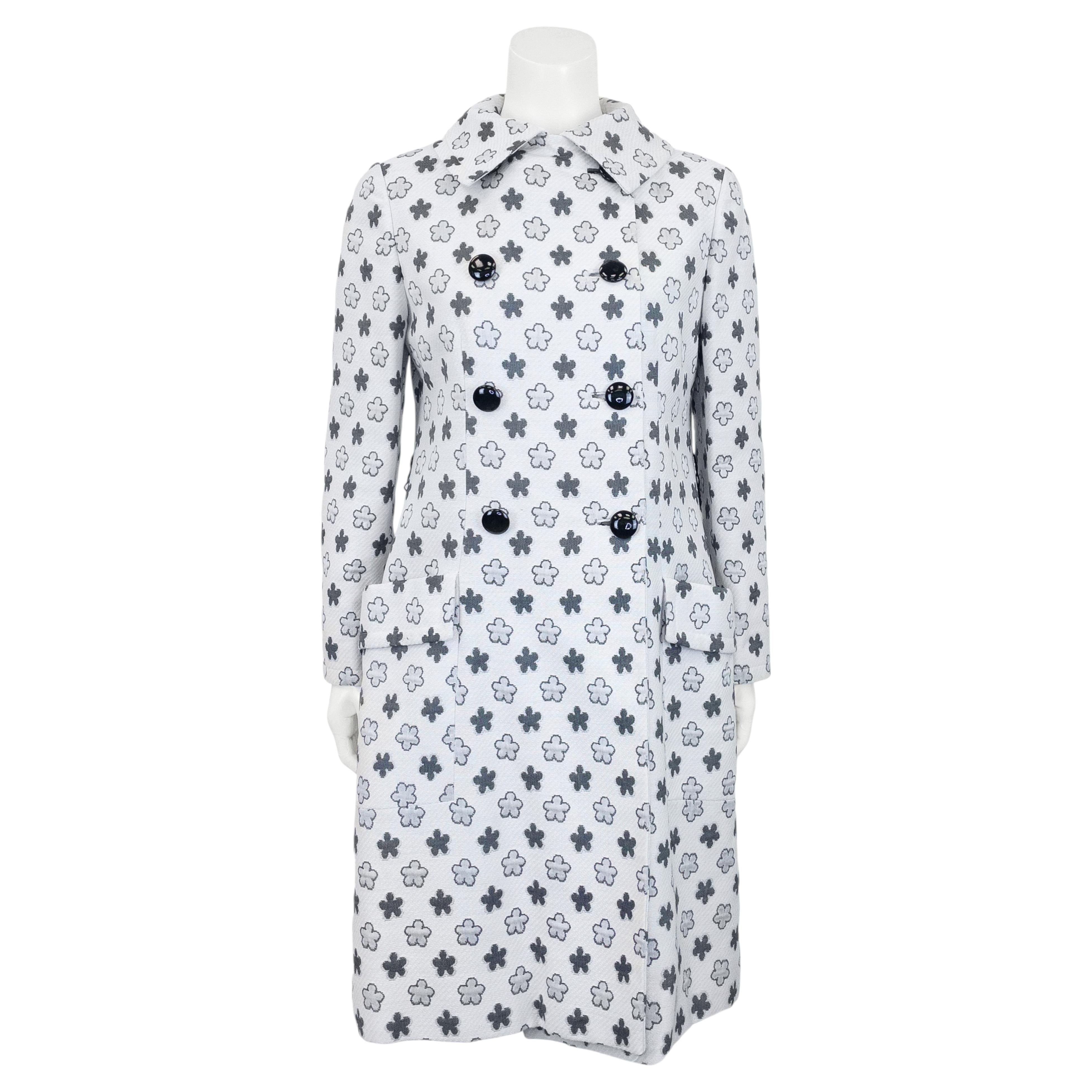 1960's Pauline Trigere Grey and White Floral Jacquard Coat