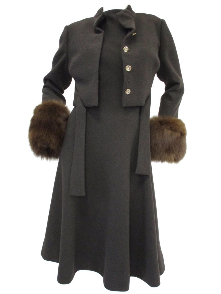 1960s Pauline Trigere Grey Wool Suit with Fox Fur Cuff and Rhinestone ...