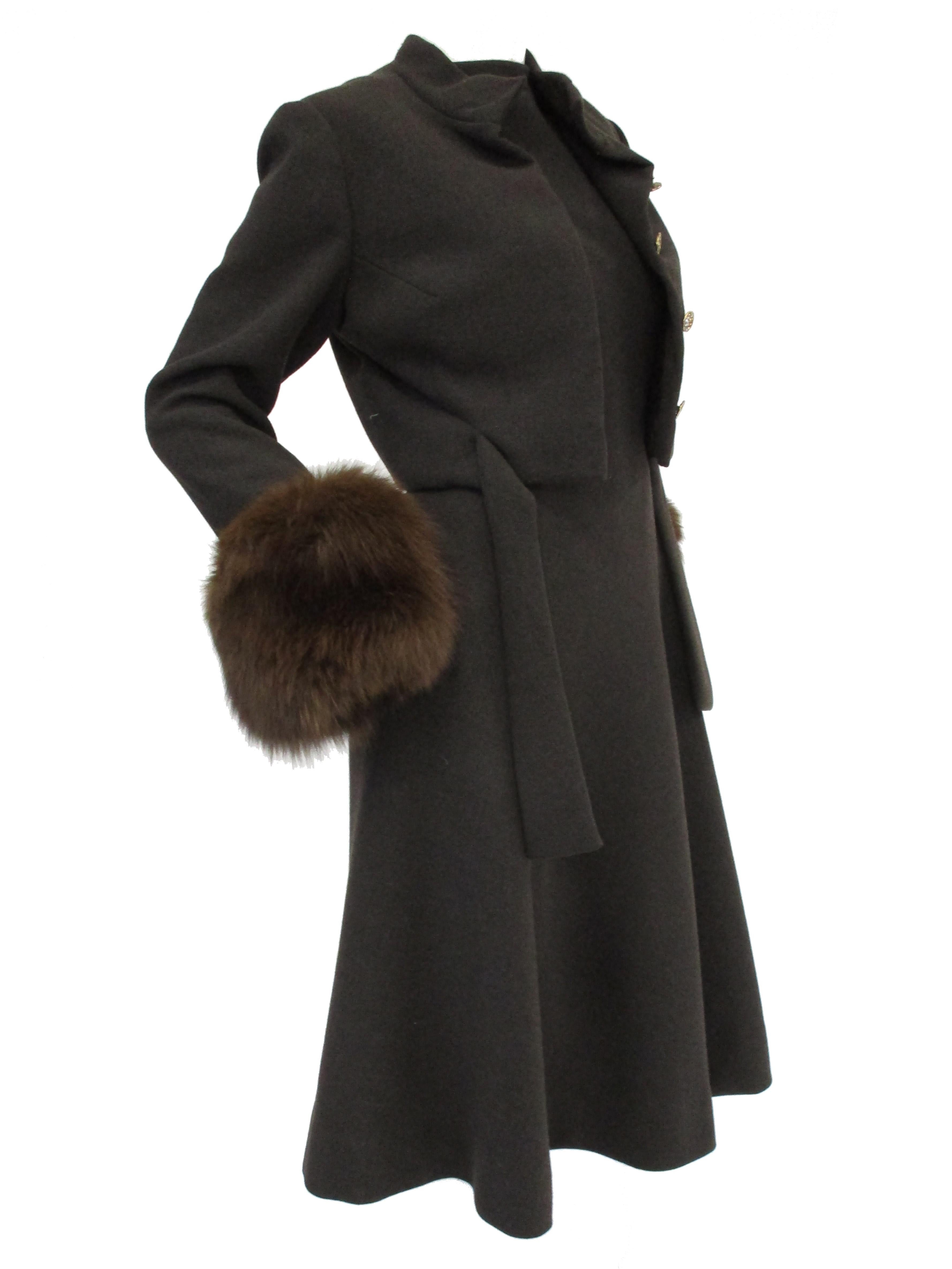 1960s Pauline Trigere Grey Wool Suit with Fox Fur Cuff & Rhinestone Details 3