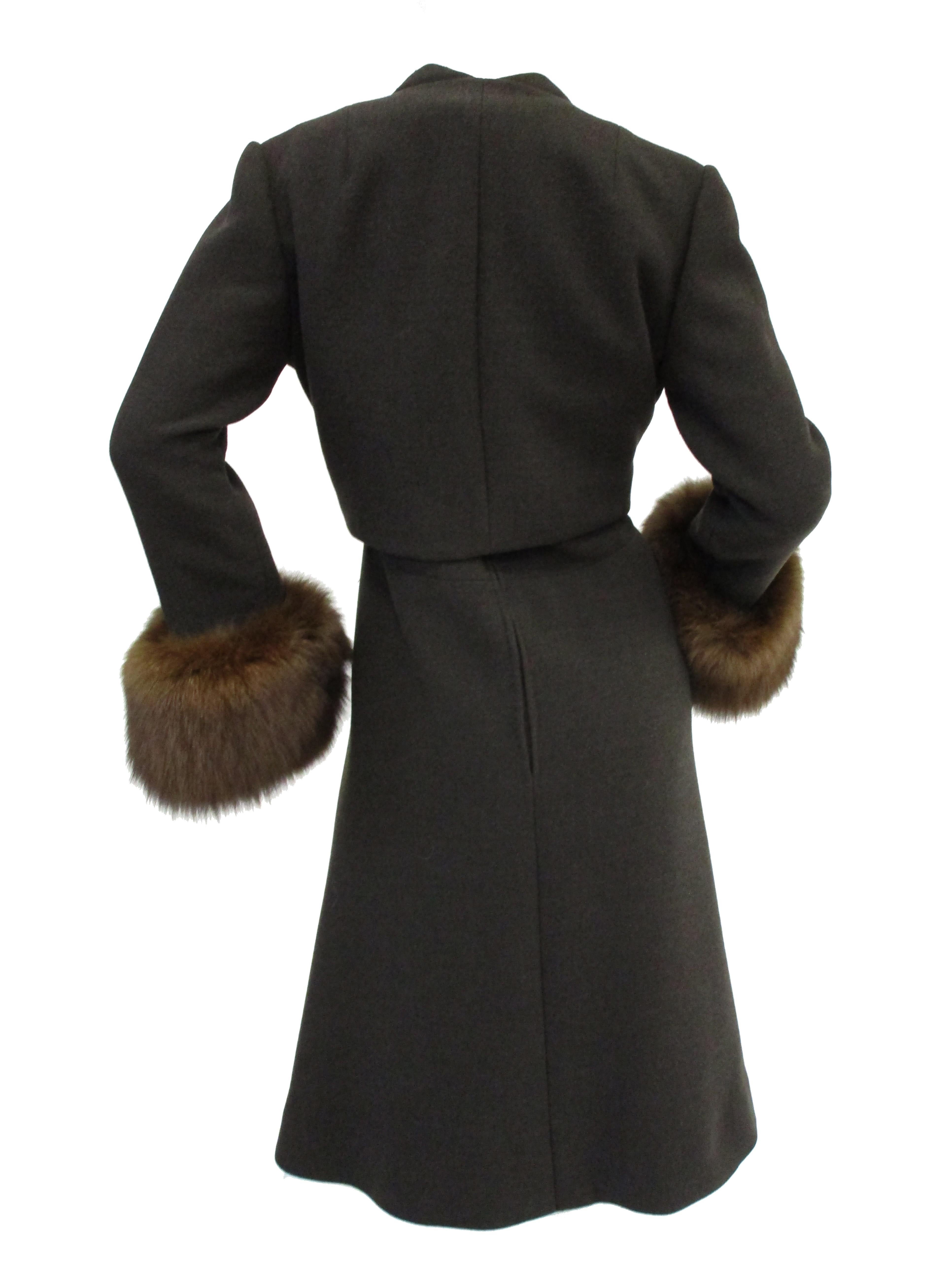 1960s Pauline Trigere Grey Wool Suit with Fox Fur Cuff & Rhinestone Details 4