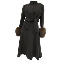 1960s Pauline Trigere Grey Wool Suit with Fox Fur Cuff & Rhinestone Details