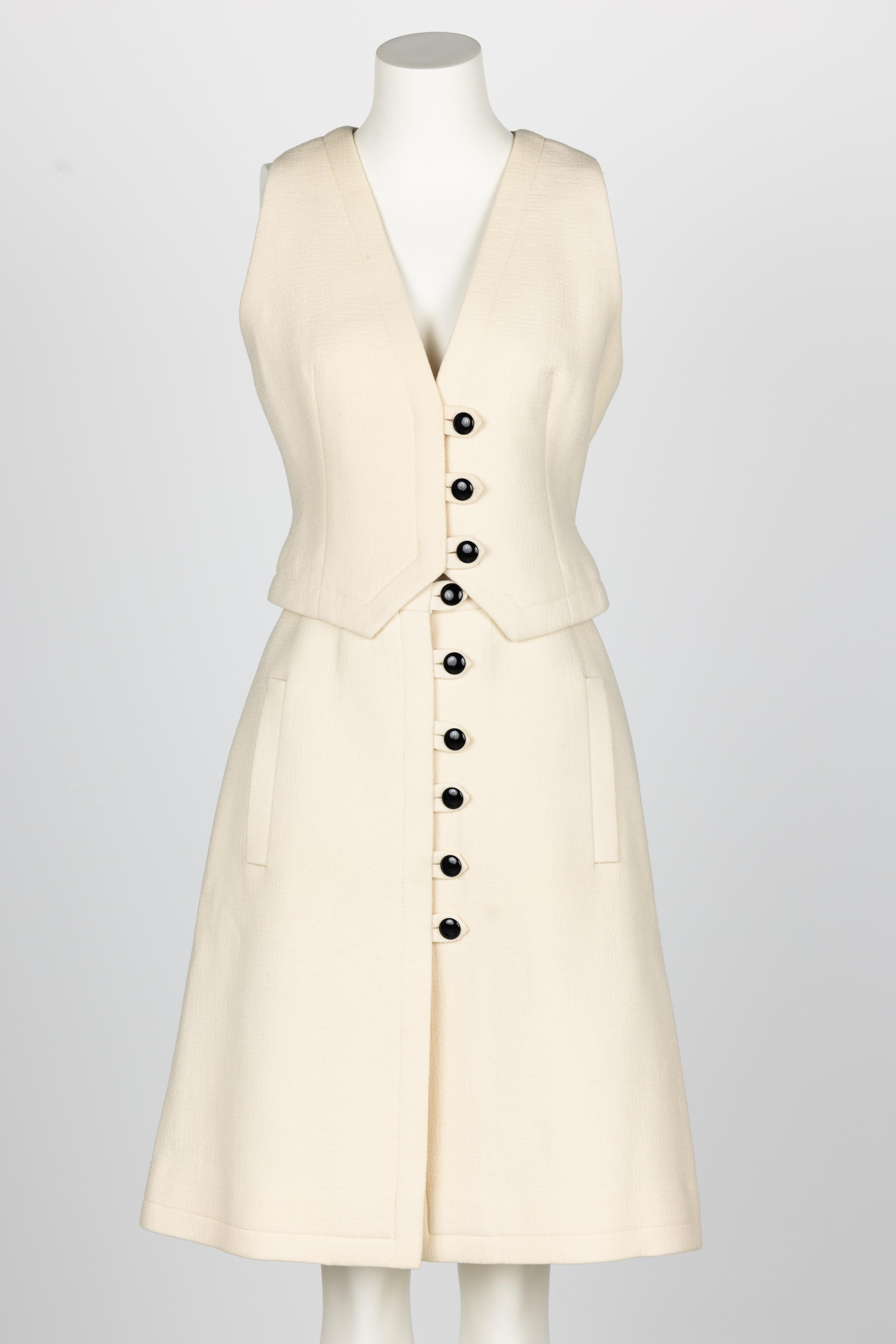 Women's 1960s Pauline Trigere Ivory & Black Tailored Vest Skirt Suit For Sale
