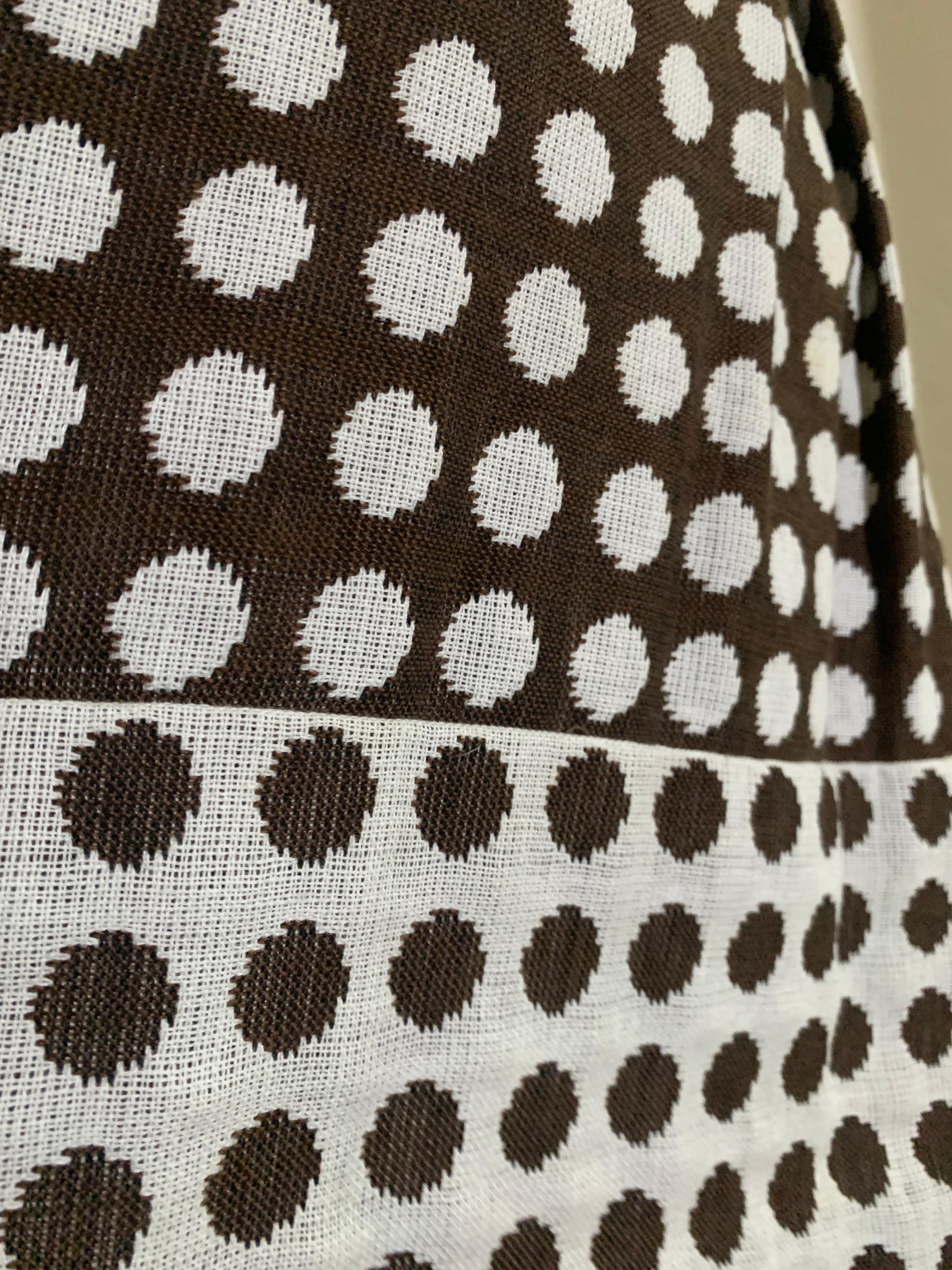 1960s Pauline Trigere Mod Brown & White Wove Cotton Polka Dot Midi Dress For Sale 5