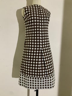 1960s Pauline Trigere Mod Brown & White Wove Cotton Polka Dot Midi Dress