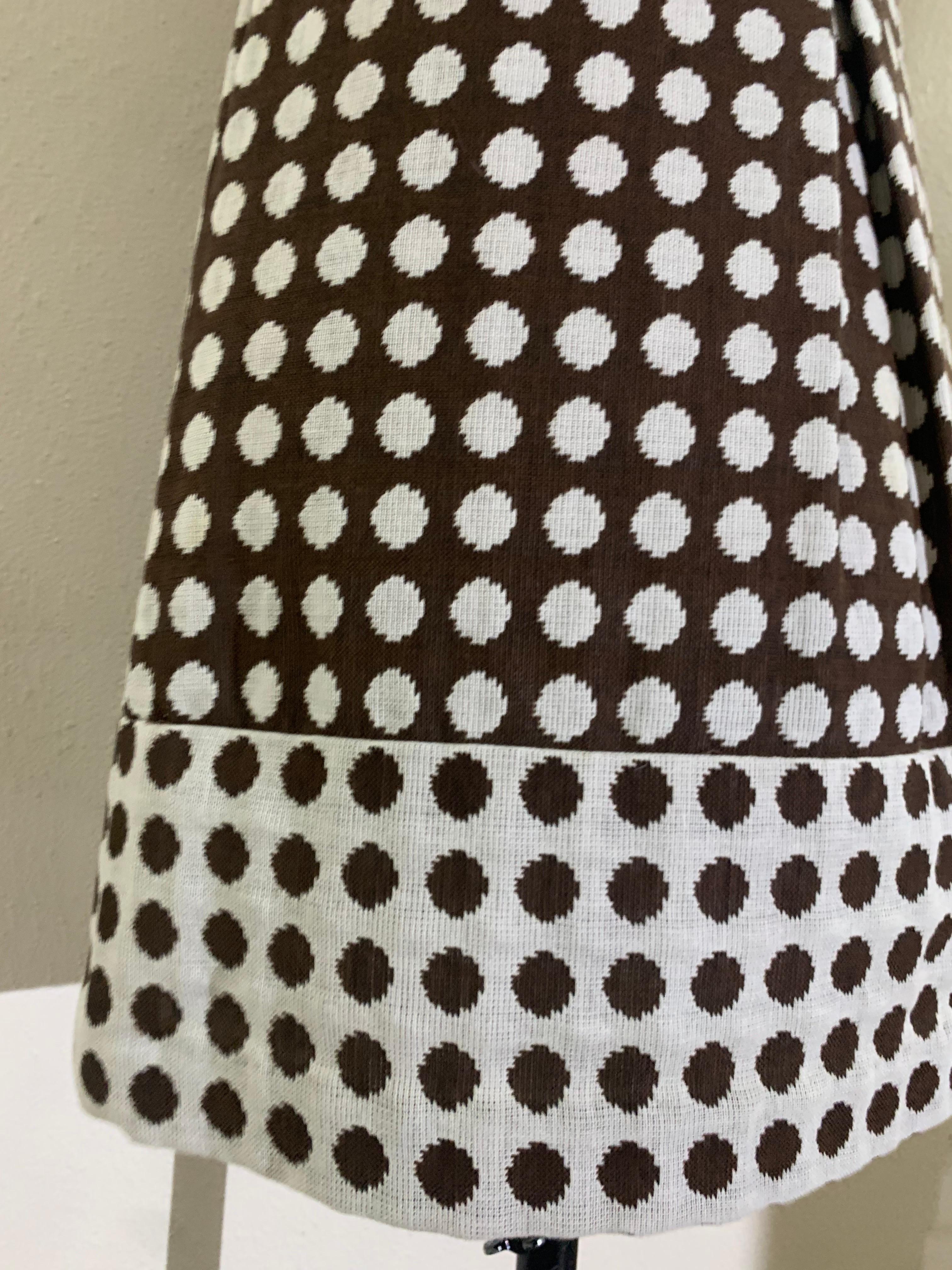 Women's 1960s Pauline Trigere Mod Brown & White Wove Cotton Polka Dot Midi Dress For Sale