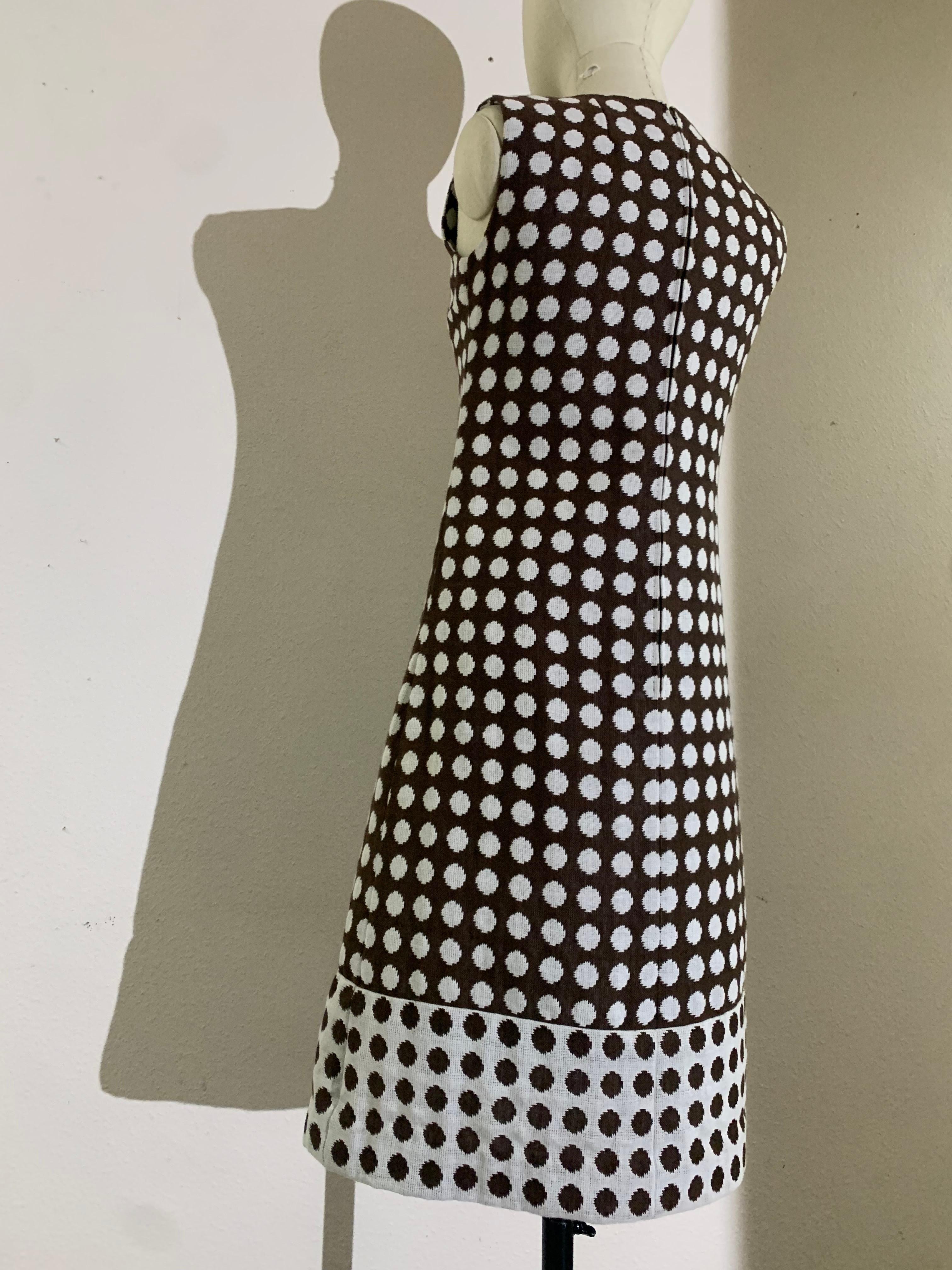 1960s Pauline Trigere Mod Brown & White Wove Cotton Polka Dot Midi Dress For Sale 1