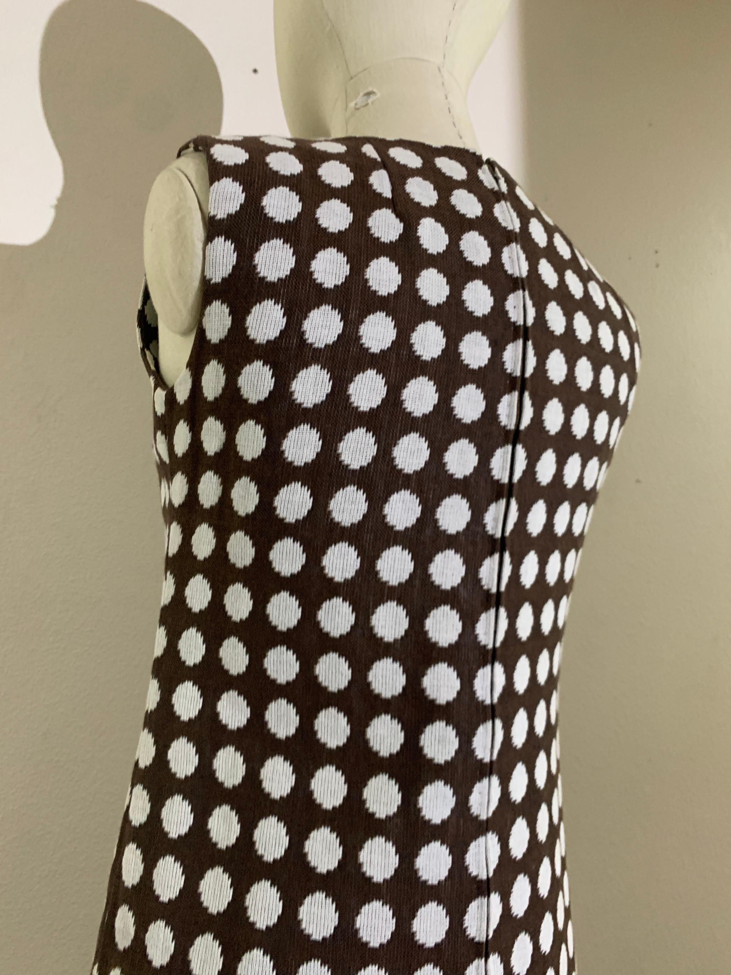 1960s Pauline Trigere Mod Brown & White Wove Cotton Polka Dot Midi Dress For Sale 2
