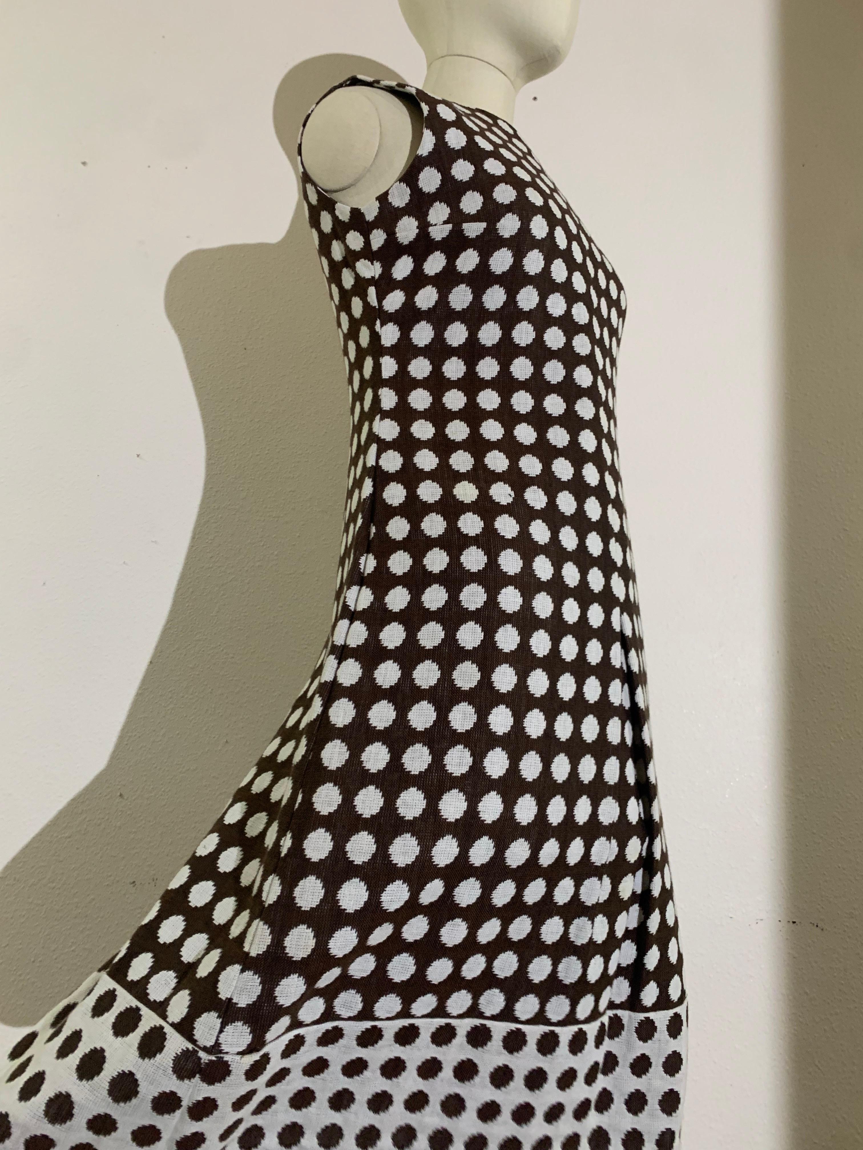 1960s Pauline Trigere Mod Brown & White Wove Cotton Polka Dot Midi Dress For Sale 4