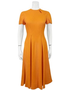 1960's Pauline Trigère Orange Linen Dress with Signature Scarf Slit