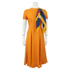 1960's Pauline Trigère Orange Linen Dress with Signature Scarf Slit