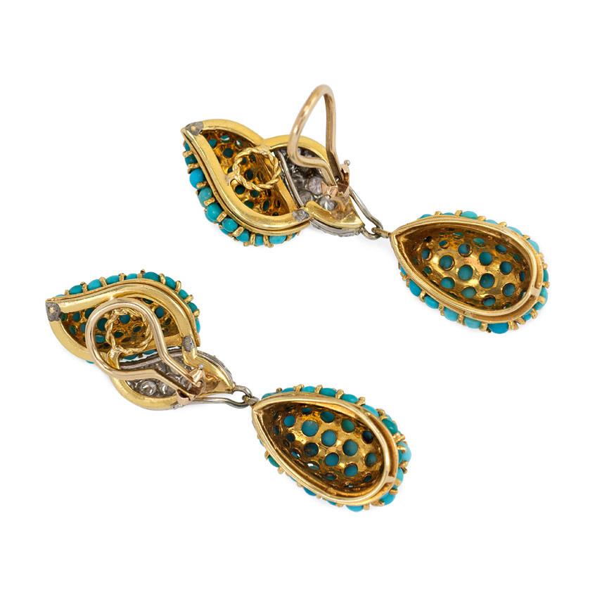 1960s Pavé Turquoise and Diamond Pendant Earrings In Excellent Condition In New York, NY