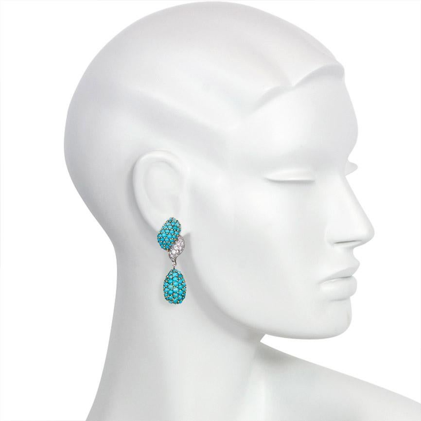 Women's or Men's 1960s Pavé Turquoise and Diamond Pendant Earrings
