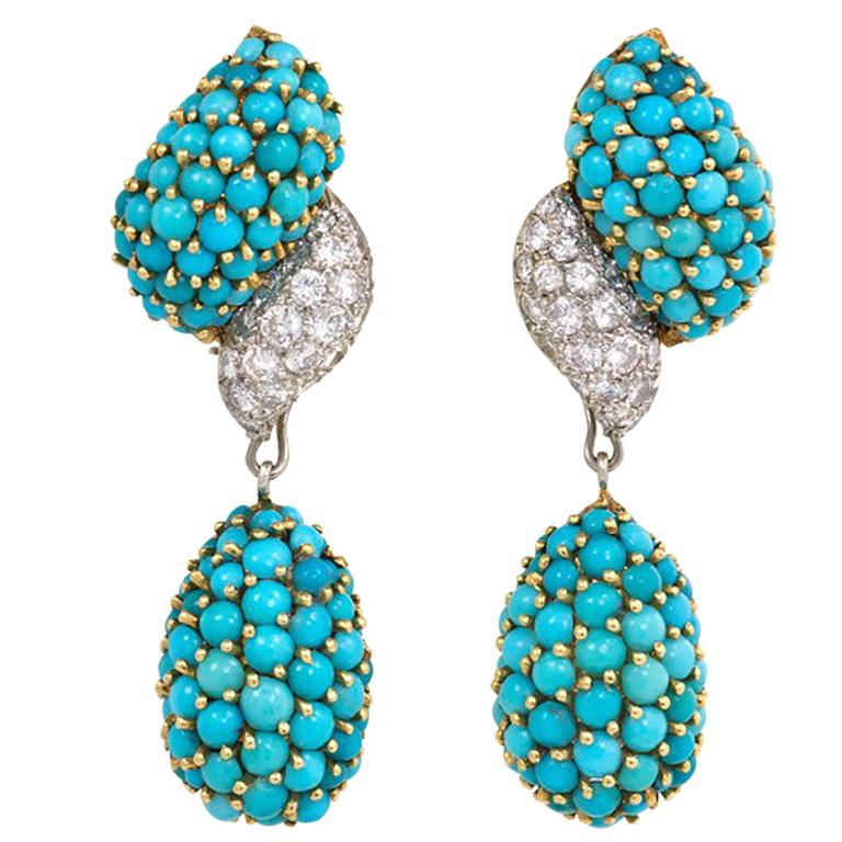 1960s Pavé Turquoise and Diamond Pendant Earrings