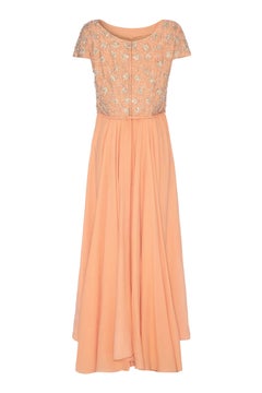 1960’s Peach Crepe Full Length Couture Dress with Beaded Bodice