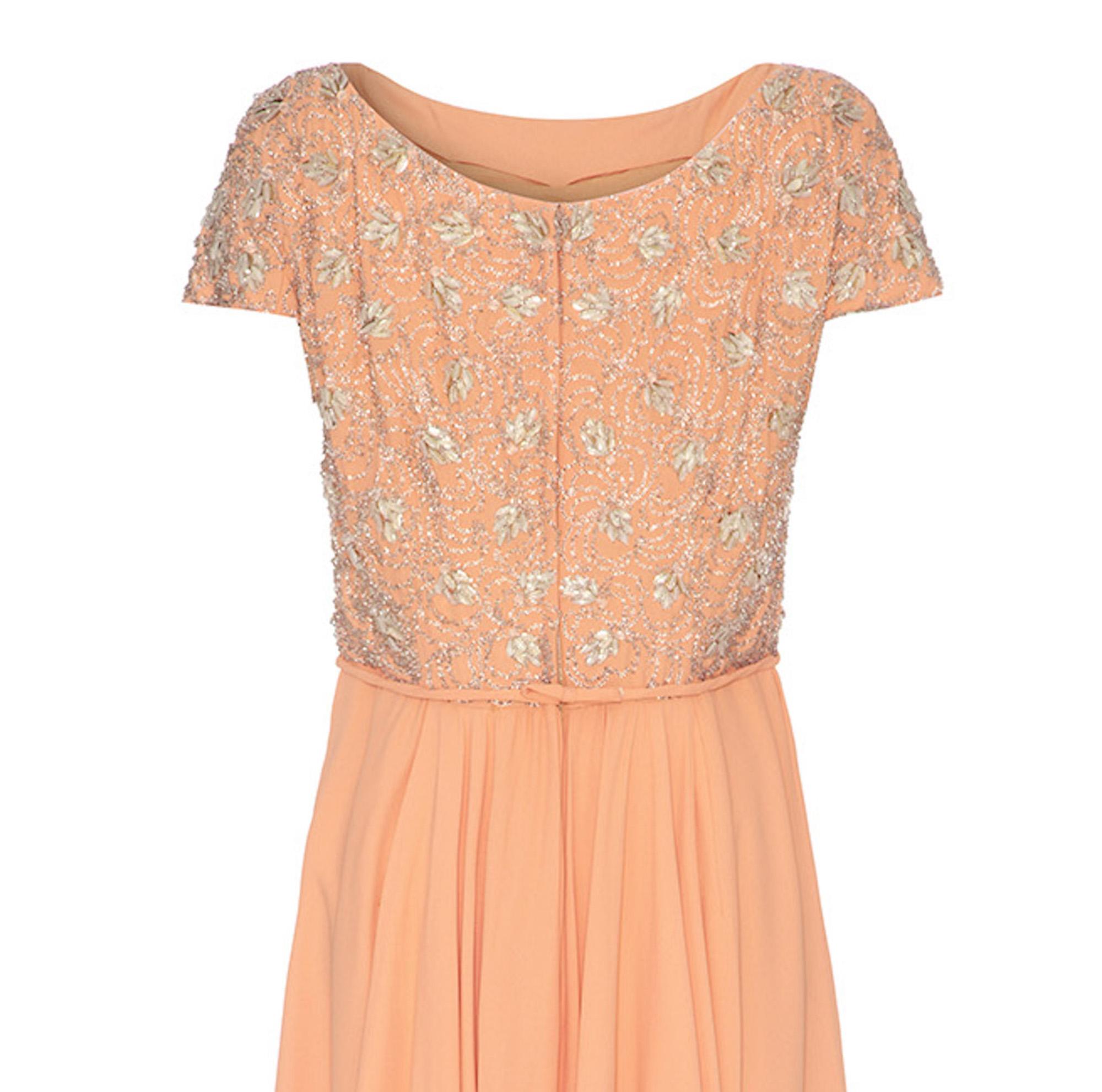 1960’s Peach Crepe Full Length Couture Dress with Beaded Bodice In Excellent Condition For Sale In London, GB