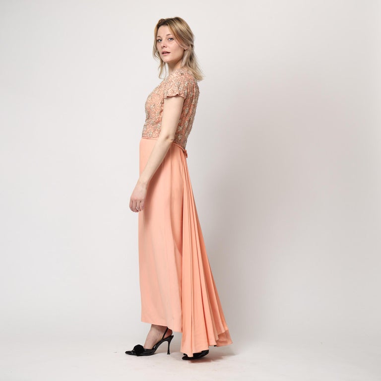 1960's Peach Crepe Full Length Couture Dress with Beaded Bodice For Sale at 1stDibs 1960's Peach Crepe Full Length Couture Dress with Beaded Bodice For Sale at 1stDibs