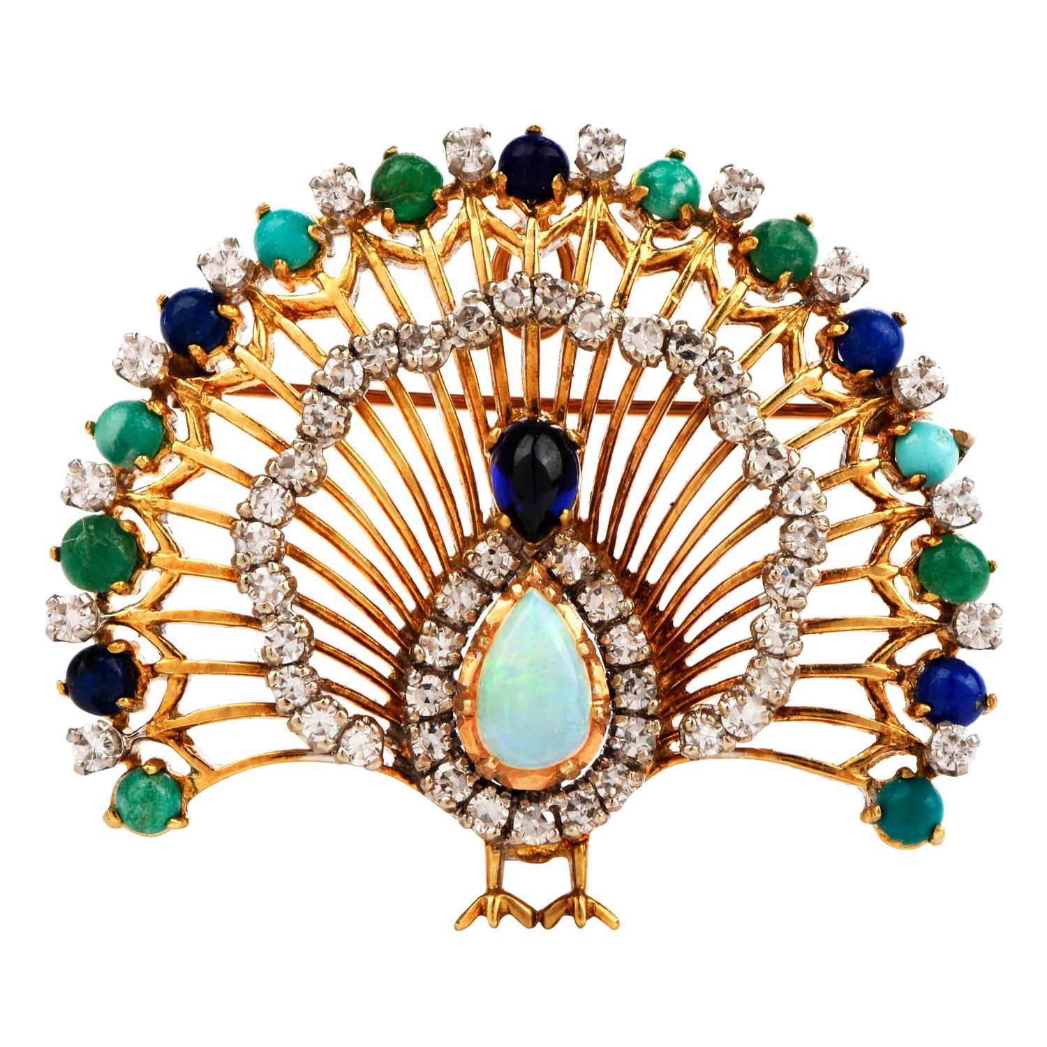 1960s Peacock Diamond Opal Multi-Gem 18 Karat Gold Brooch Pendant Enhancer