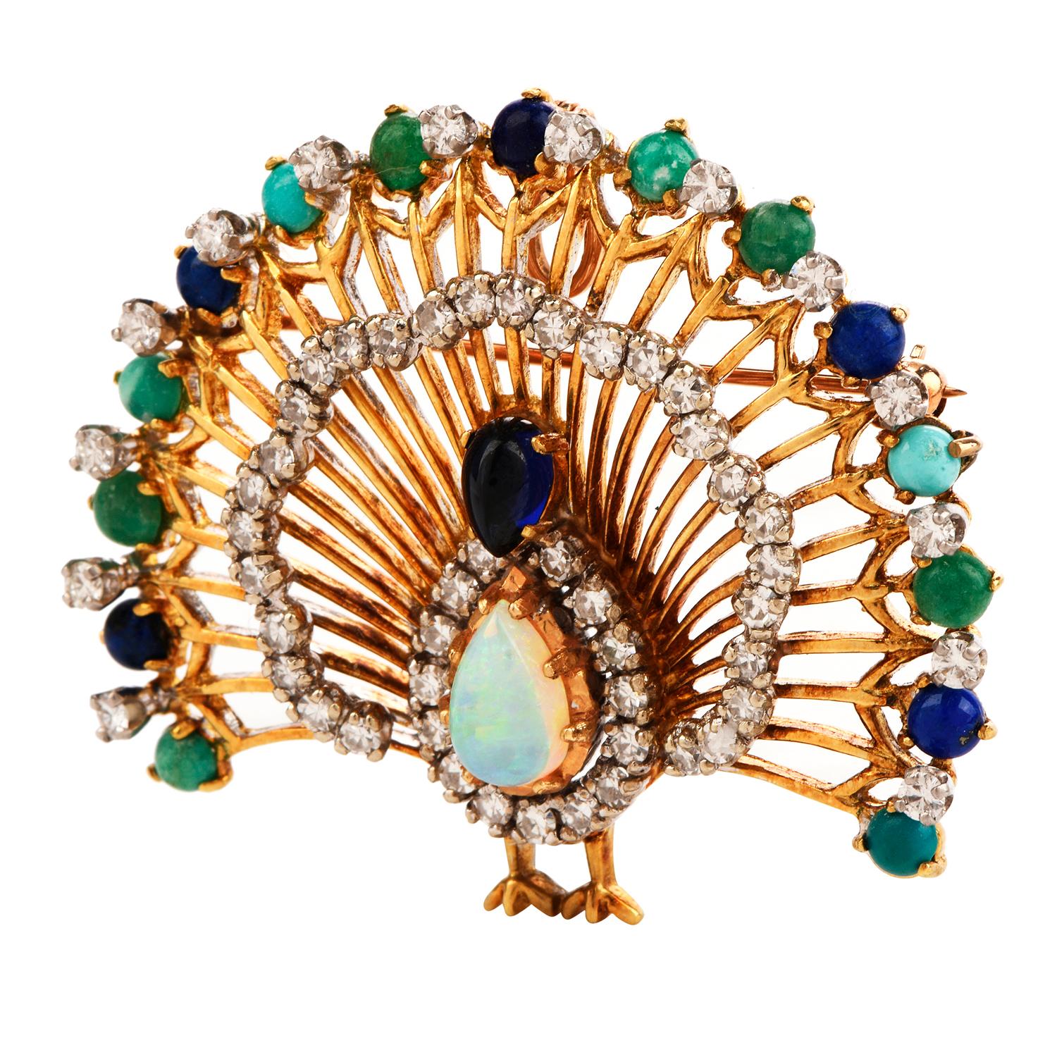 1960s Peacock Diamond Opal Multi-Gem 18 Karat Gold Brooch Pendant Enhancer 1