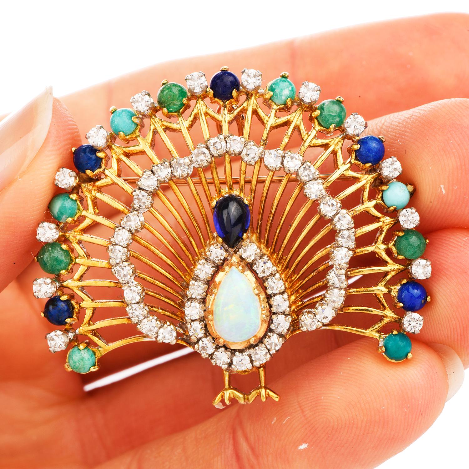 Women's or Men's 1960s Peacock Diamond Opal Multi-Gem 18 Karat Gold Brooch Pendant Enhancer