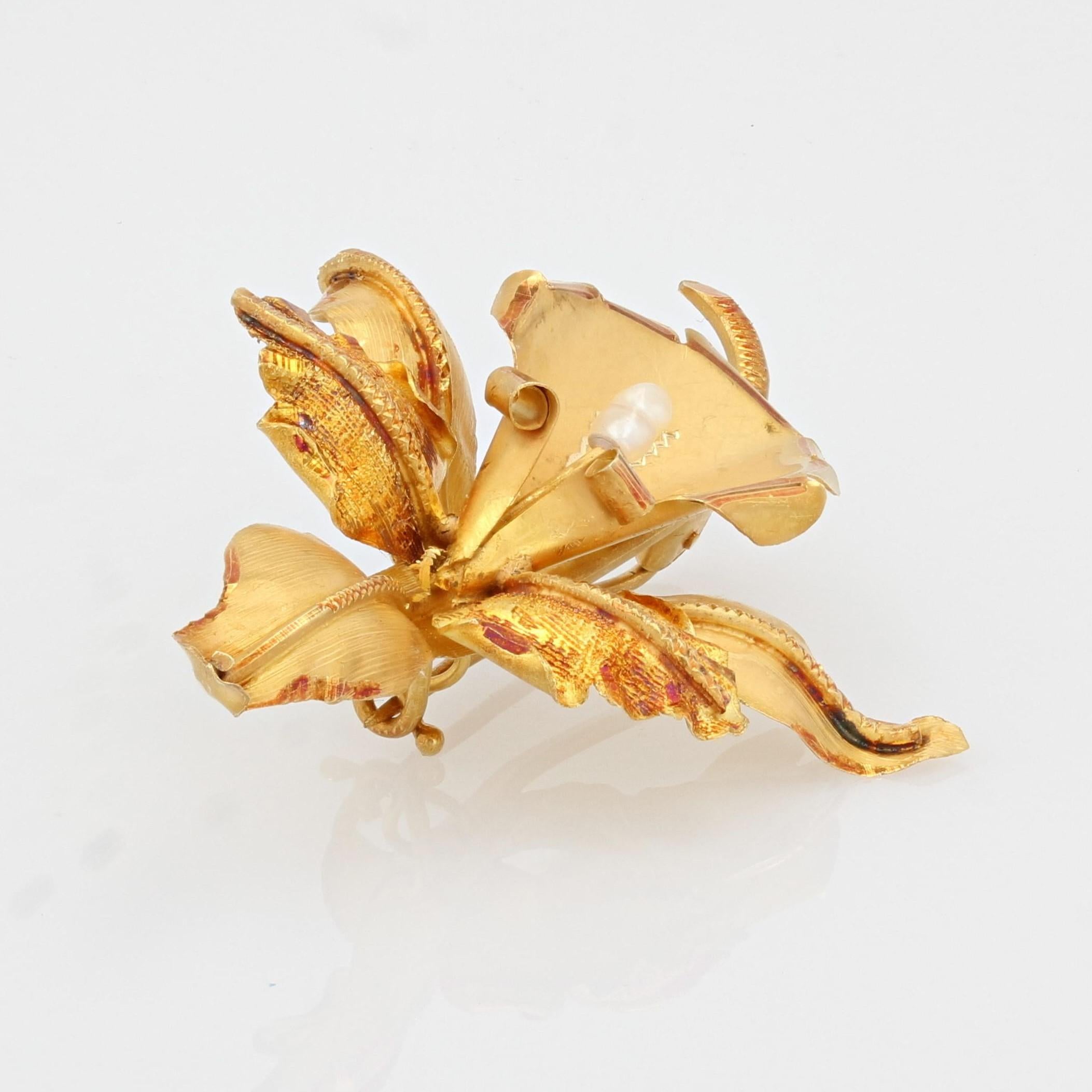 1960er Jahre, Perlen-Brosche aus 18 Karat Gelb Mat Gold Lilien im Angebot 6