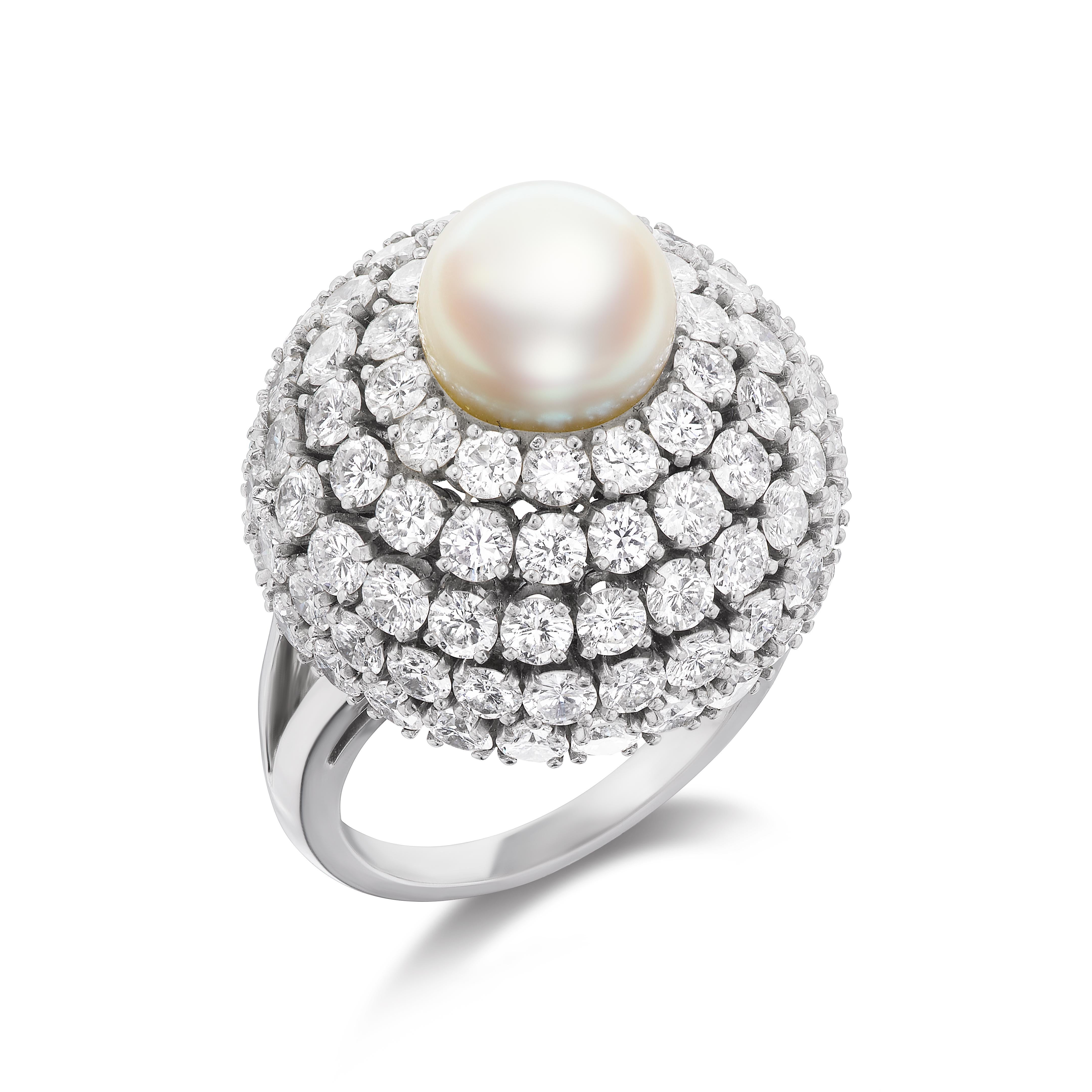 Modernist 1960's Pearl and Diamond Bombe Ring in Platinum For Sale